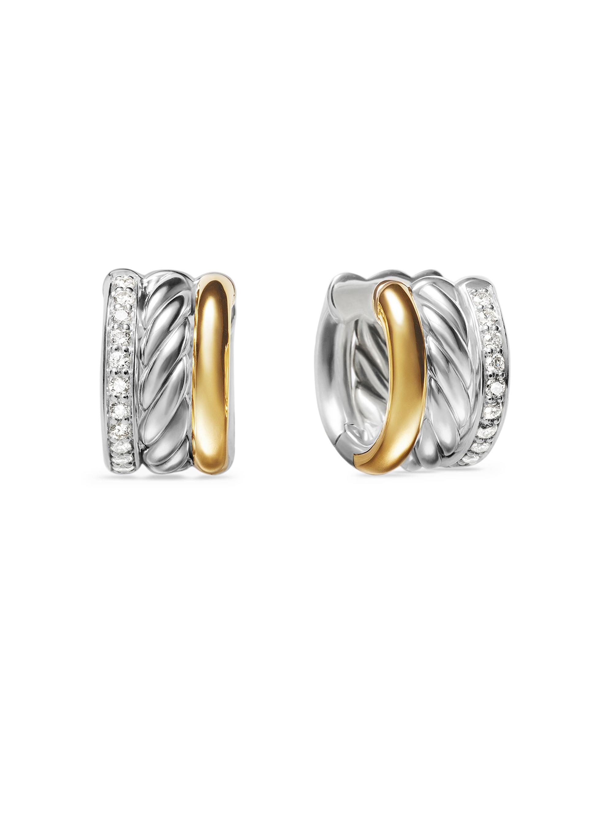 David Yurman Women's DY Mercer Huggie Hoop Earrings in Sterling Silver with 18K Yellow Gold and Diamonds, 14MM - Diamond