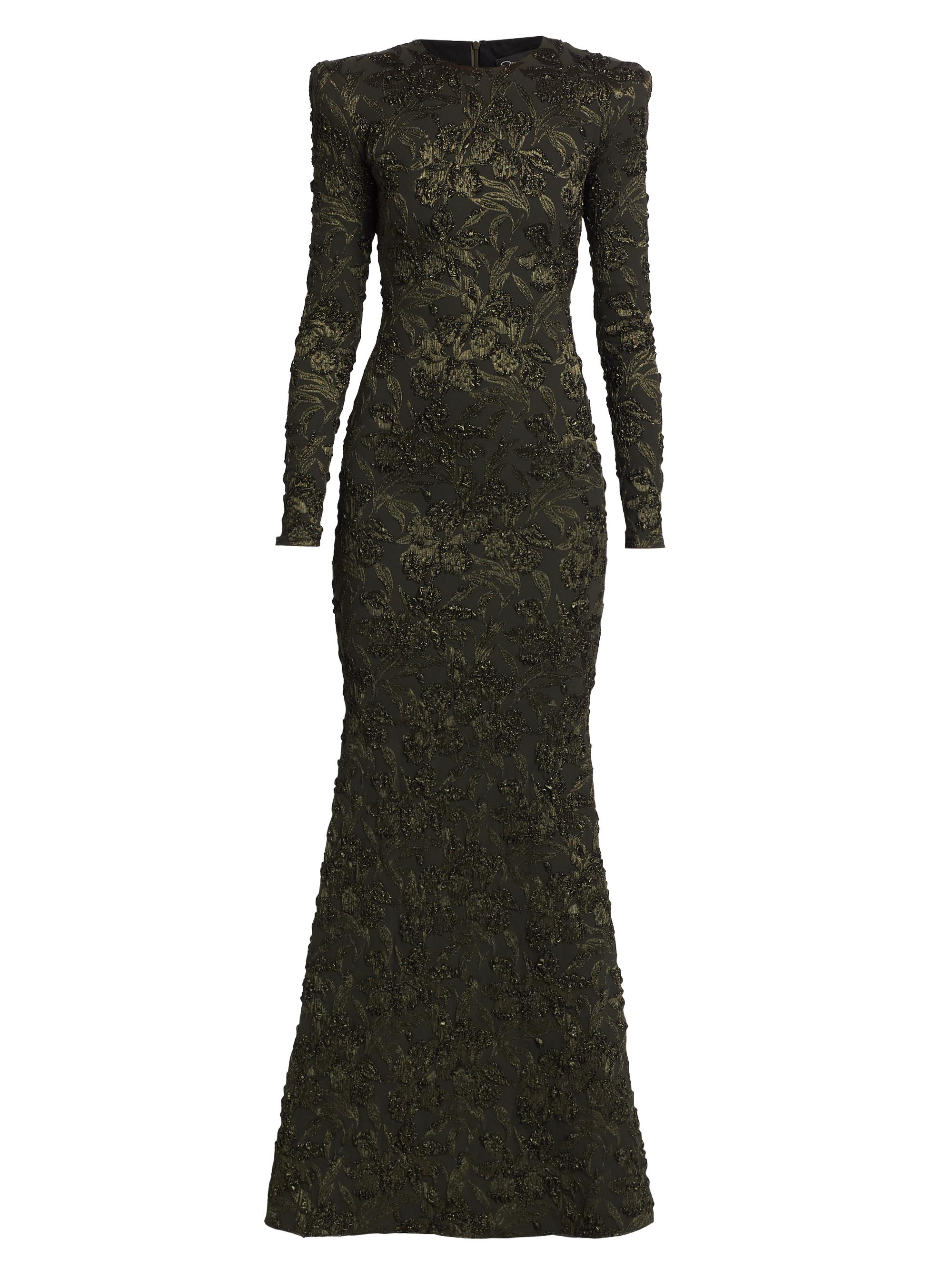 Oscar de la Renta Women's Long-Sleeve Metallic Jacquard Gown - Olive