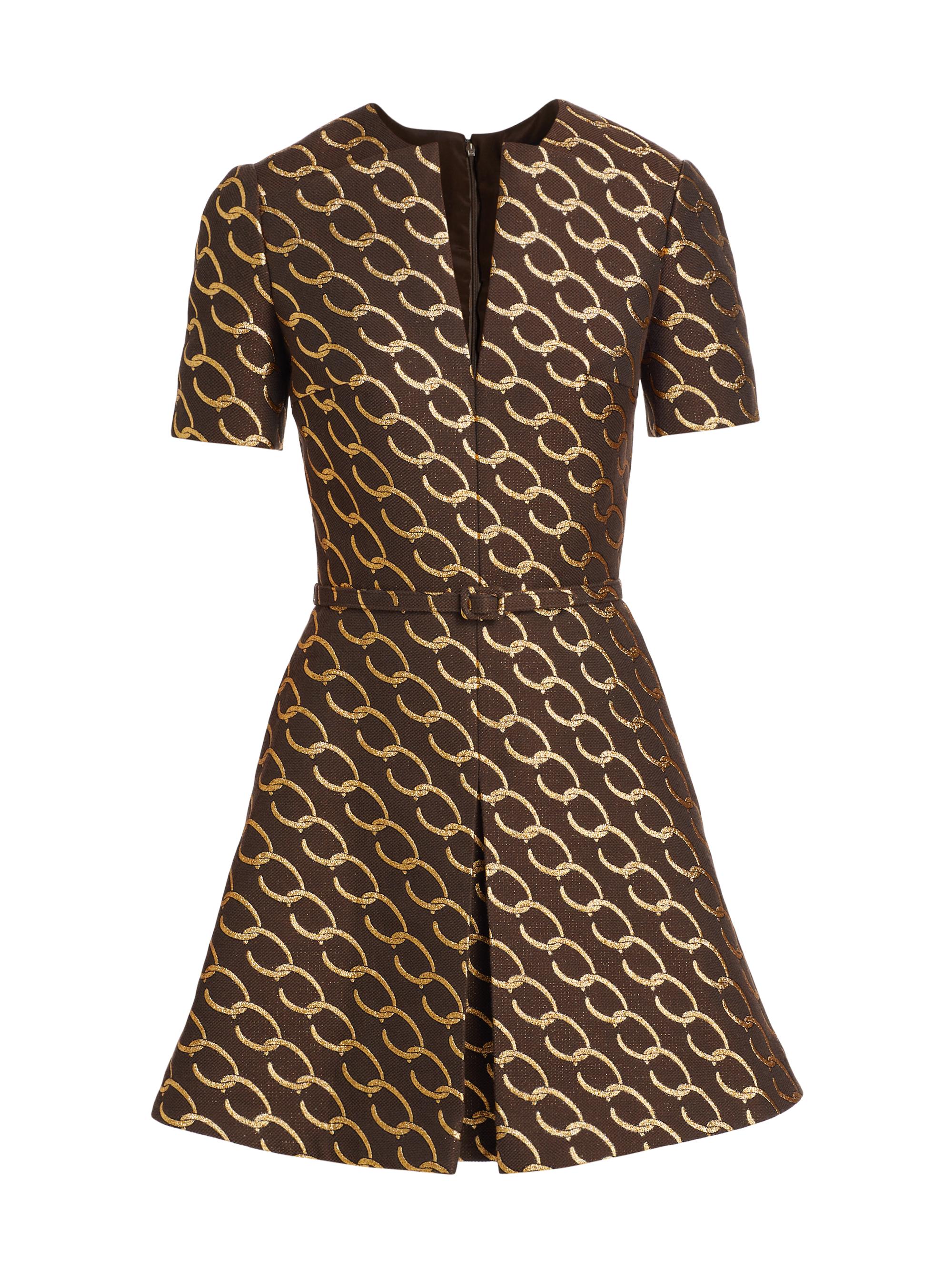 Oscar de la Renta Women's Chain Jacqaurd Split Neck Dress - Cafe Gold