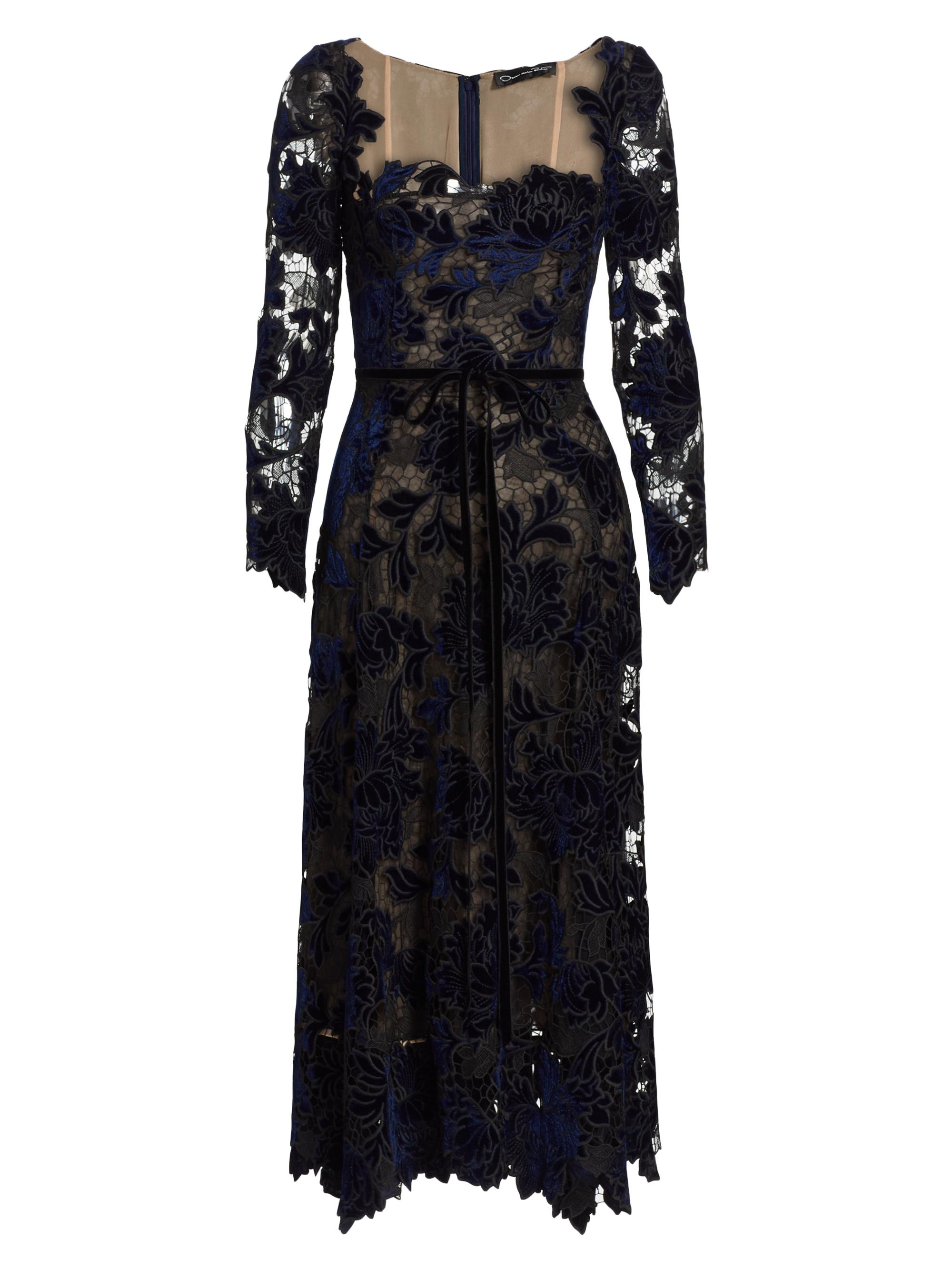 Oscar de la Renta Women's Velvet Gupure Lace Cocktail Dress - Navy
