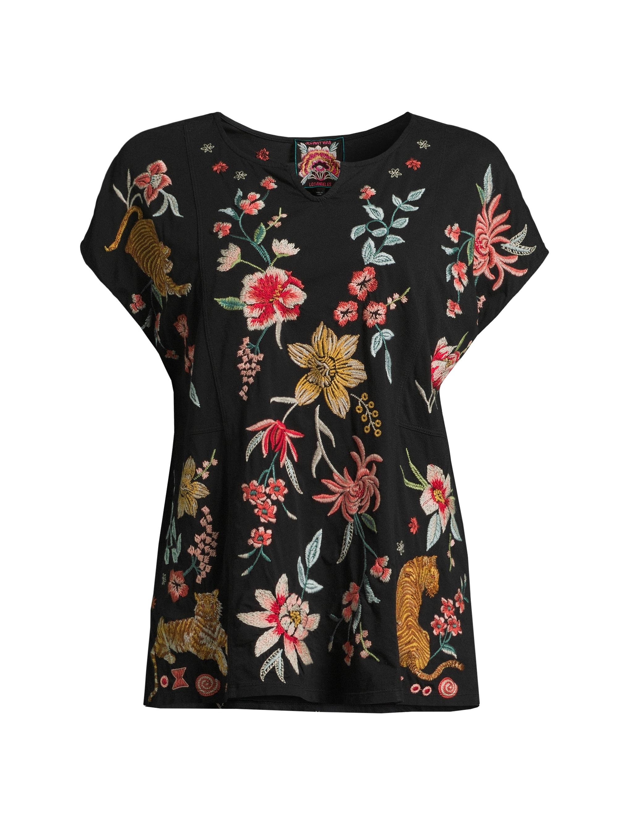 Johnny Was Women's Andrean Embroidered T-Shirt - Black
