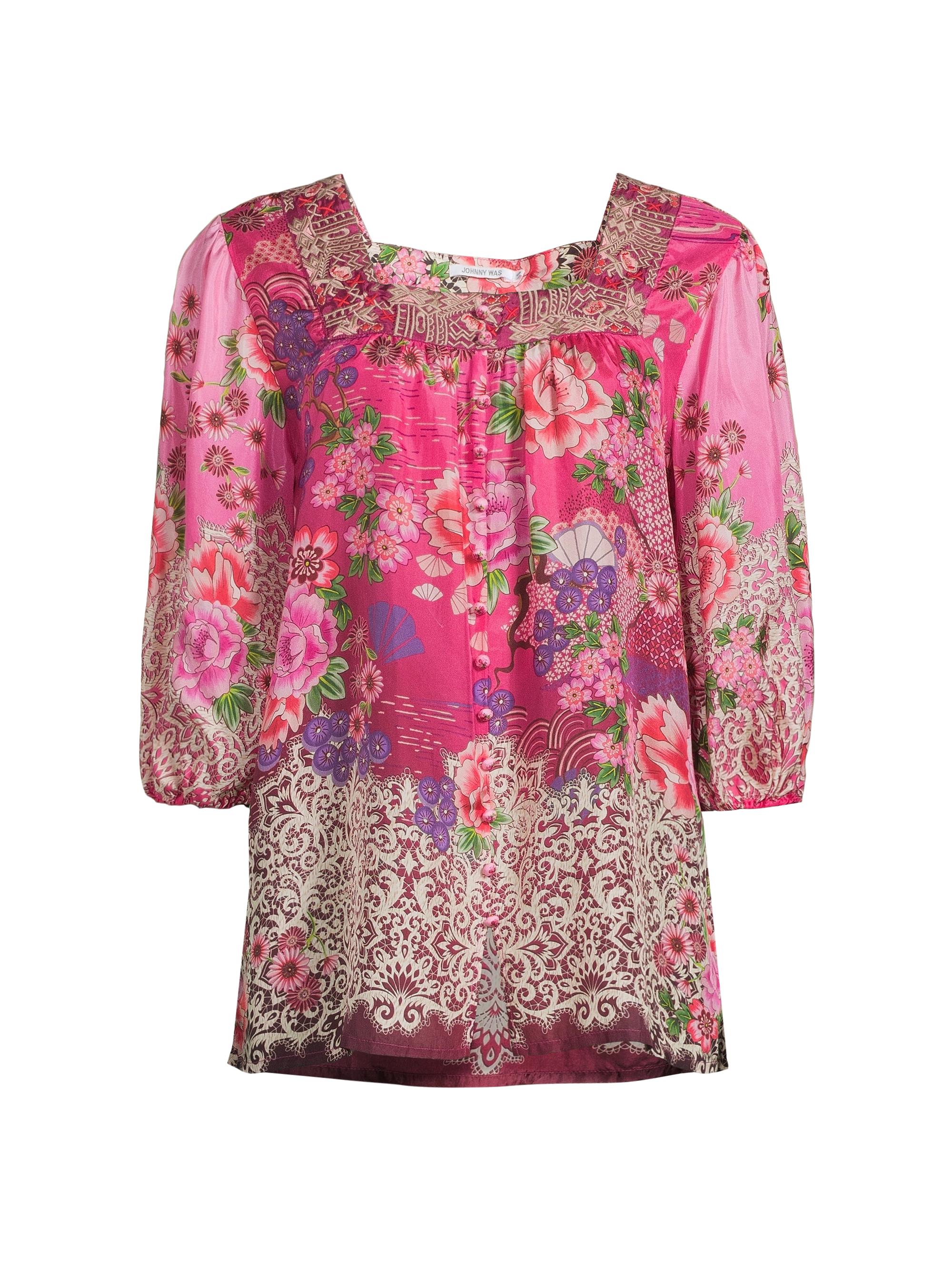 Johnny Was Women's Ennoki Printed Silk Blouse - Pink Lace