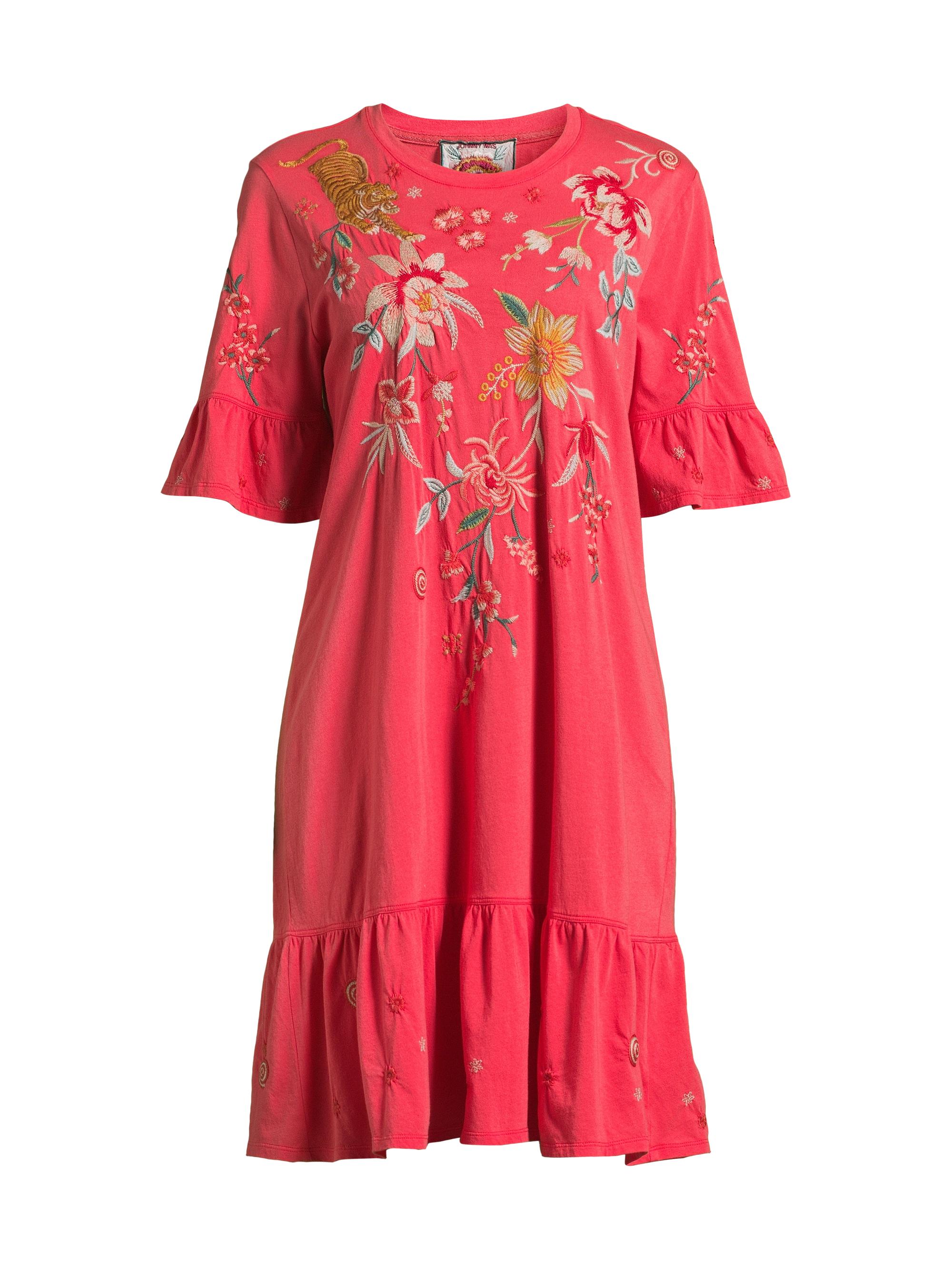 Johnny Was Women's Andrean Embroidered T-Shirt Dress - Guava