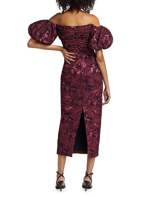 Shop Lela Rose Floral Jacquard Puff-Sleeve Sheath Dress Shop Lela Rose Floral Jacquard Puff-Sleeve Sheath Dress