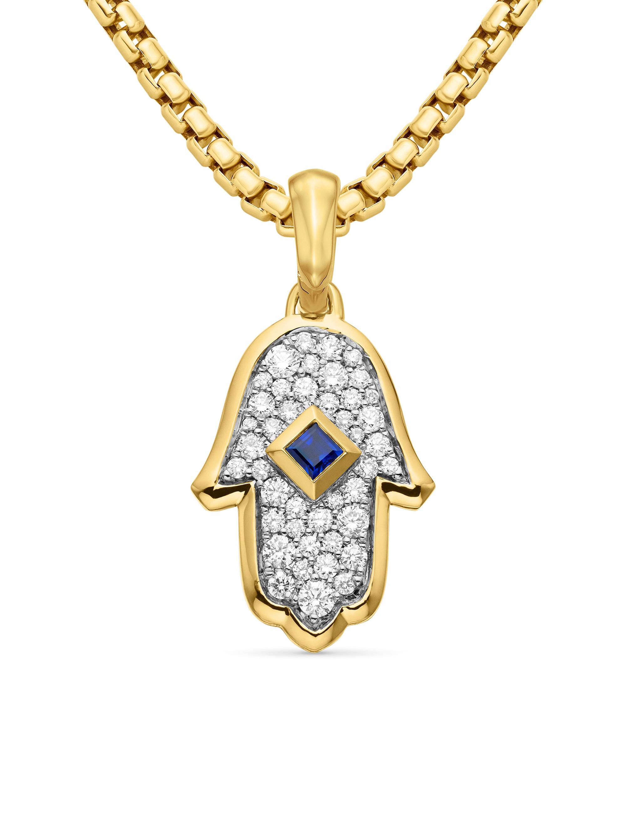 David Yurman Women's Hamsa Amulet in 18K Yellow Gold with Pavé Diamonds and Blue Sapphire, 26MM - Light Blue Sapphire