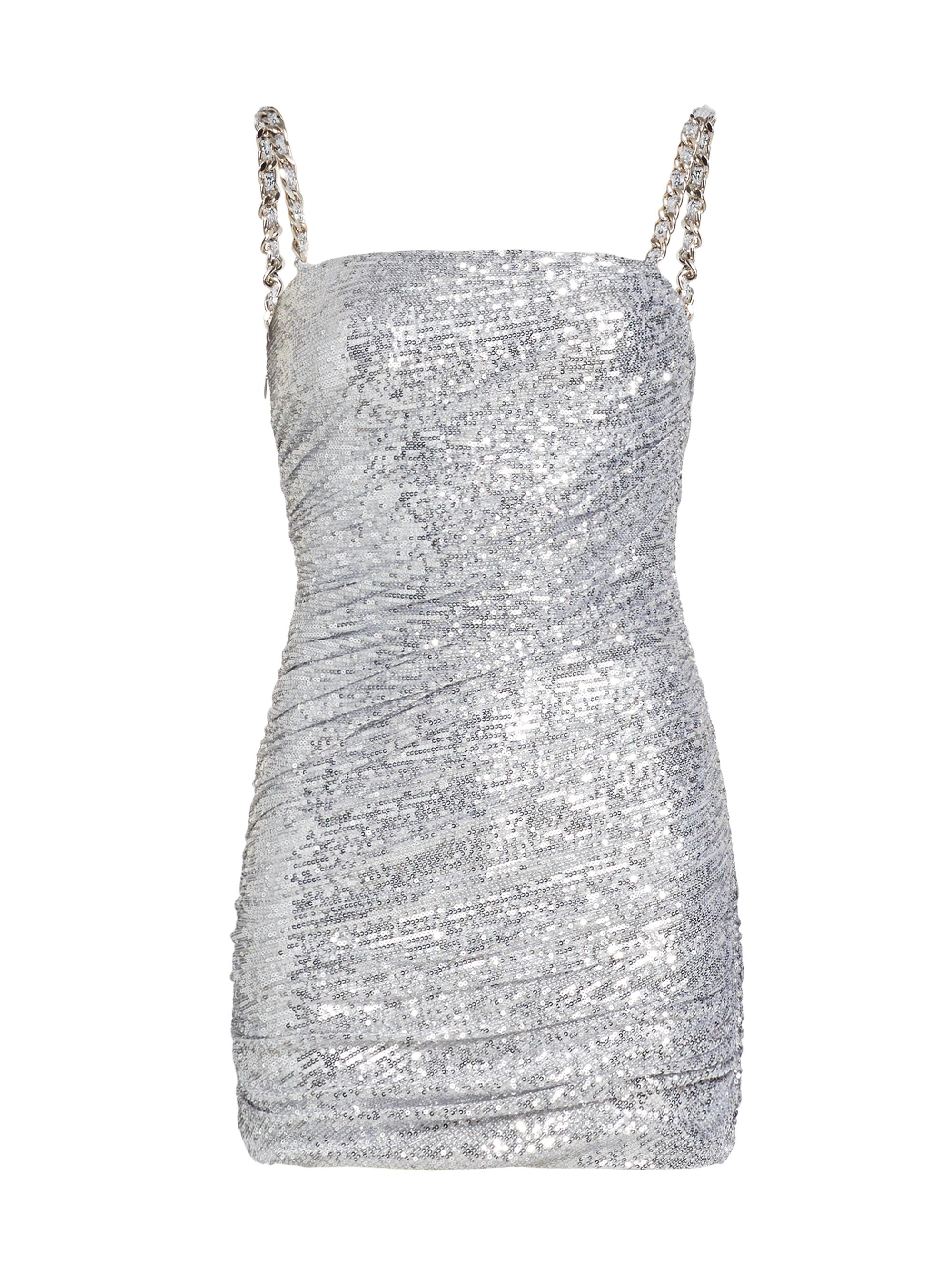 chinese dress ladies Embellished Cowl-Neck Low-Back Mini Dress in Silver