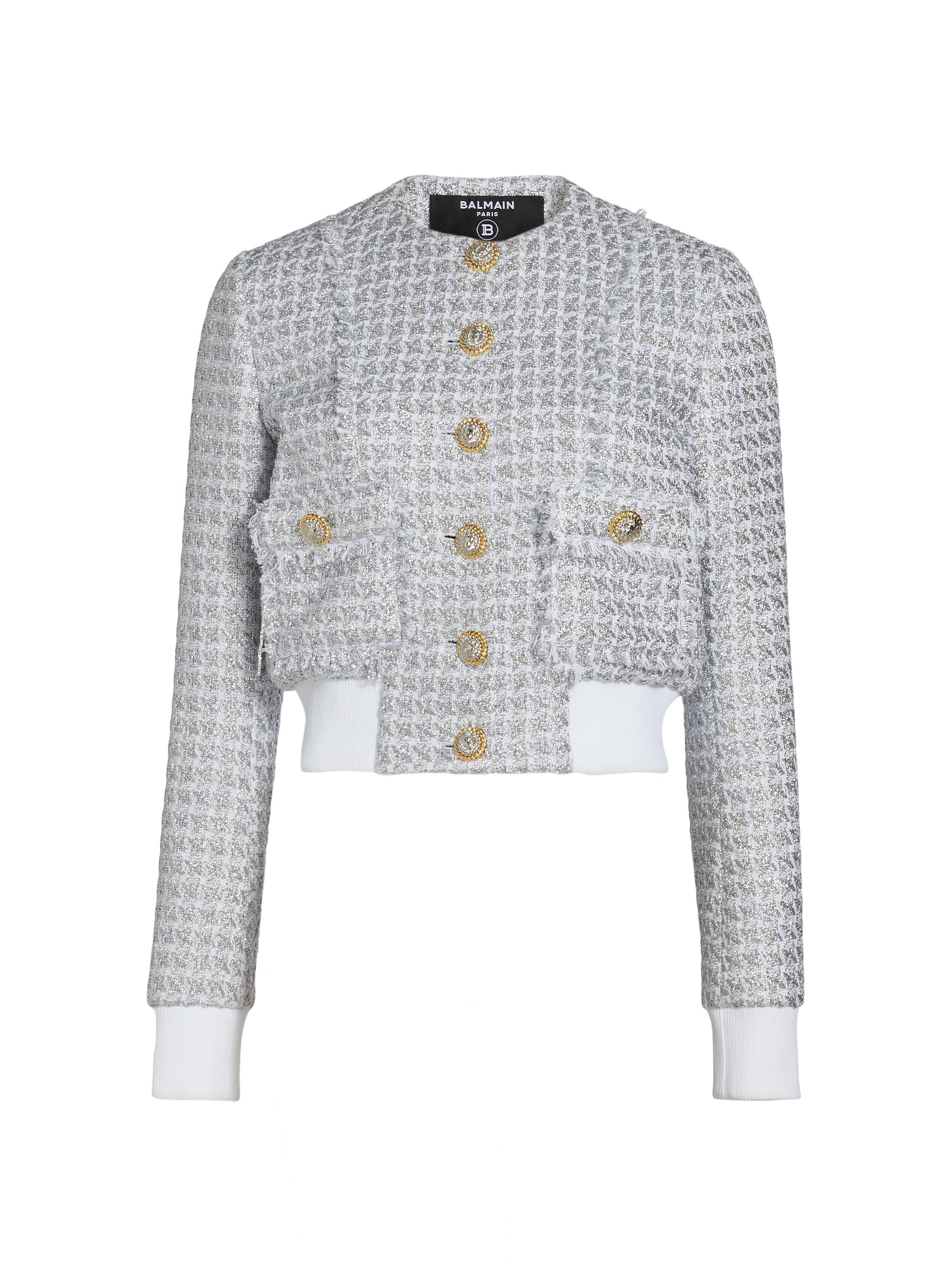 Balmain Women's Buttoned Tweed Blouson Jacket - Argente