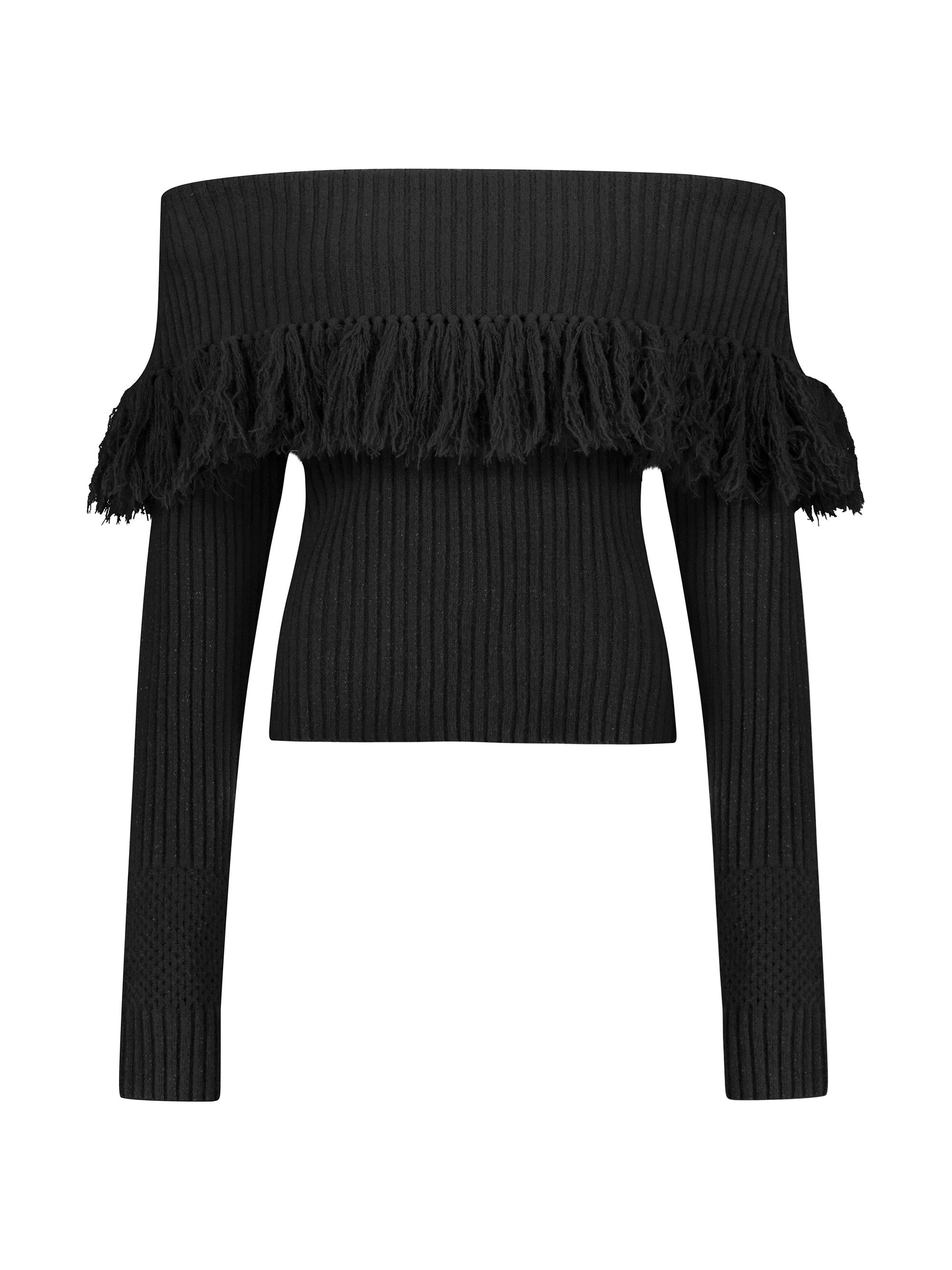 Mac Duggal Women's Fringed Off-The-Shoulder Sweater - Black