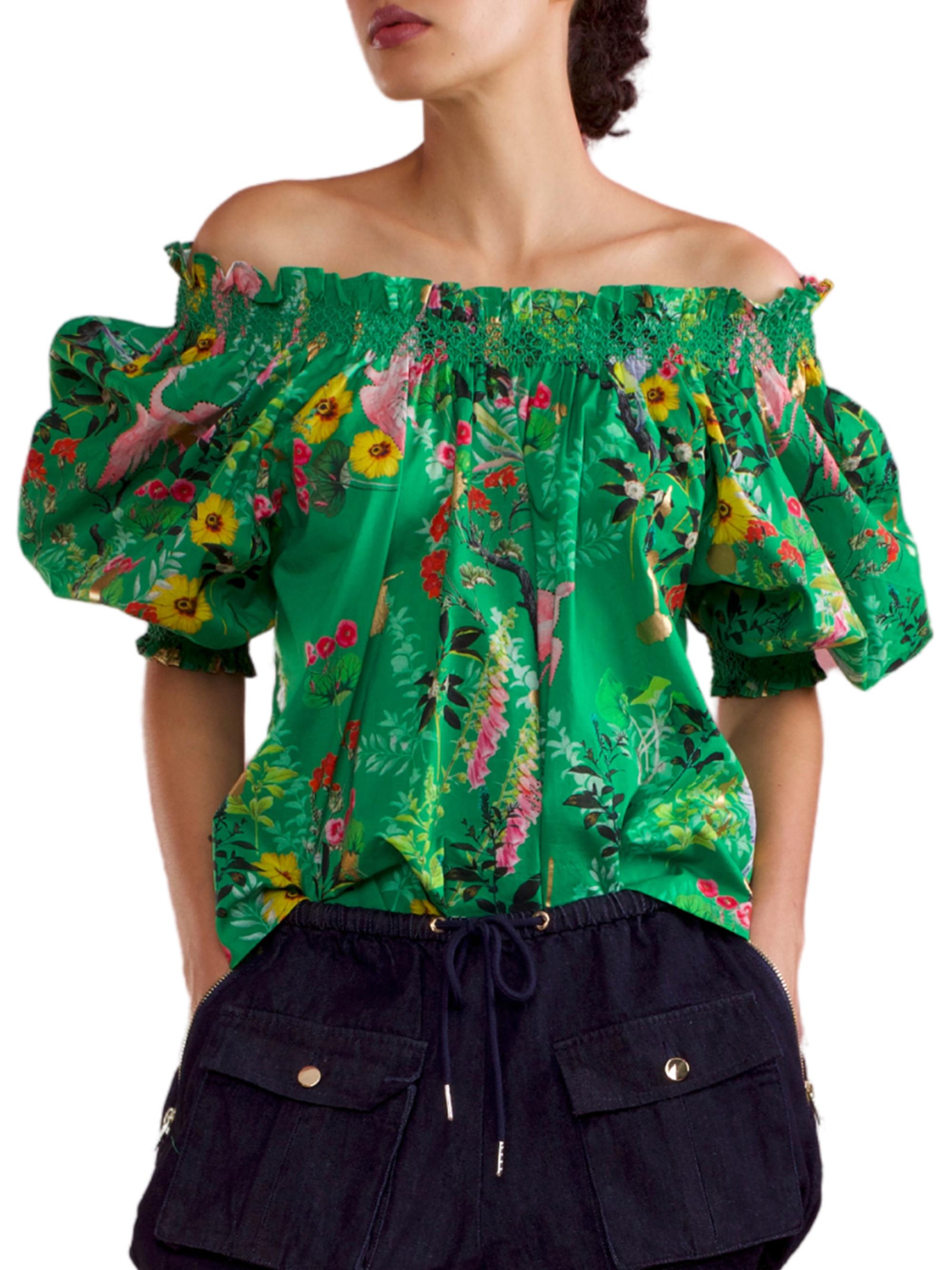 Cynthia Rowley Women's Off-The-Shoulder Smocked Cotton Blouse - Green Floral
