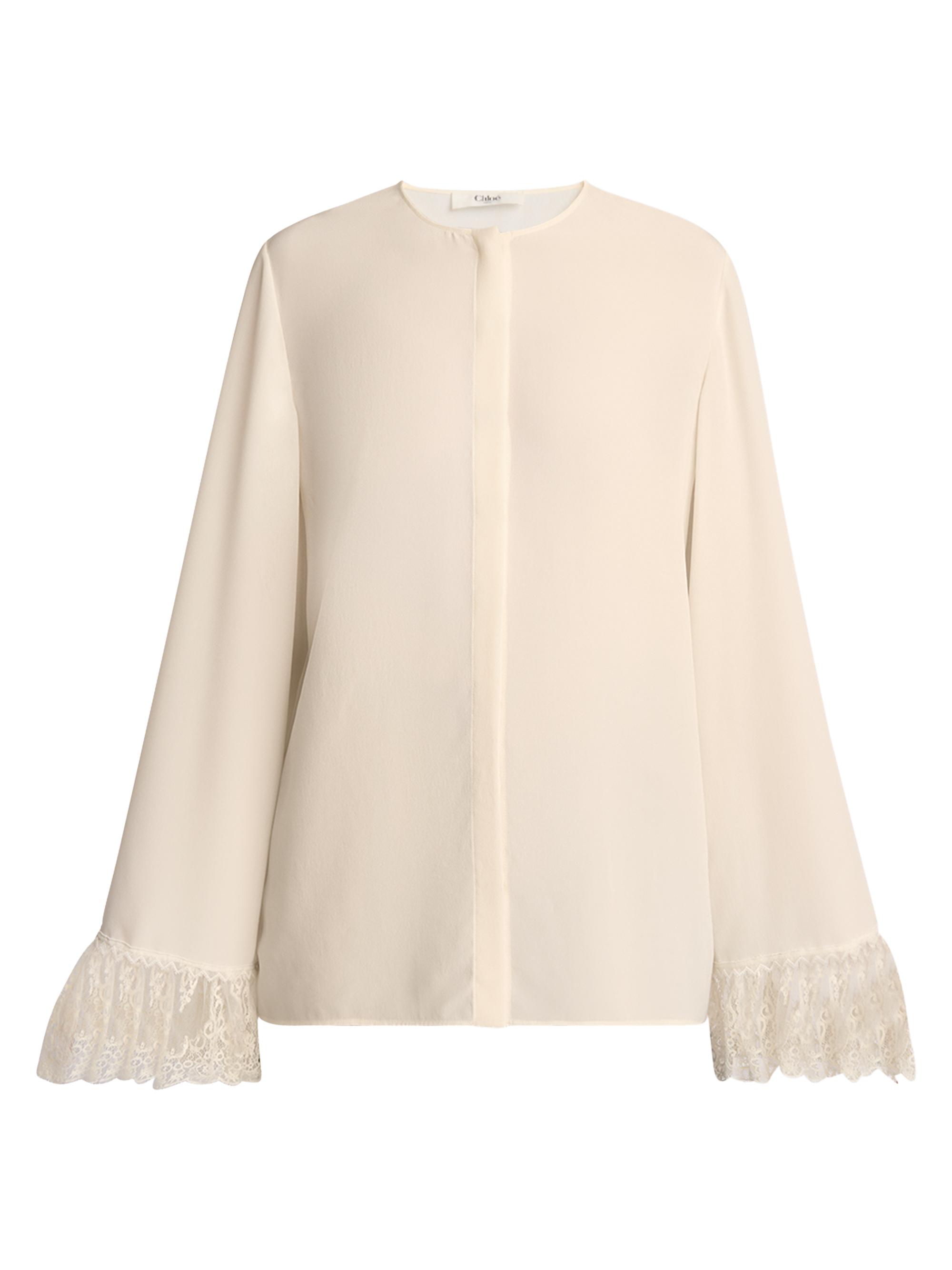 Chloé Women's Floral Lace-Trim Silk Round-Neck Blouse - Coconut