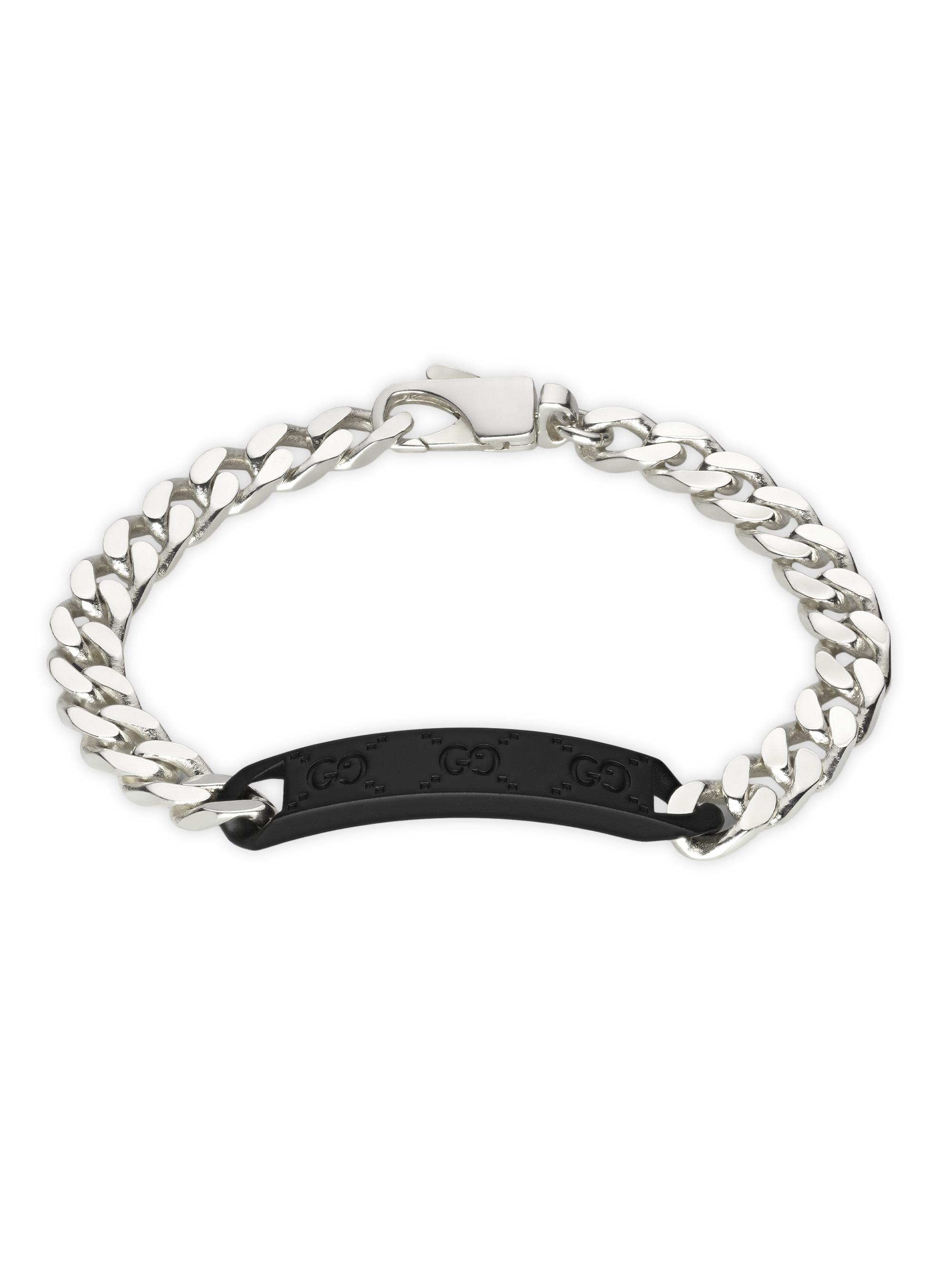Gucci Men's Unisex Sterling Silver Chain & GG Leather Tag Bracelet - Silver Black