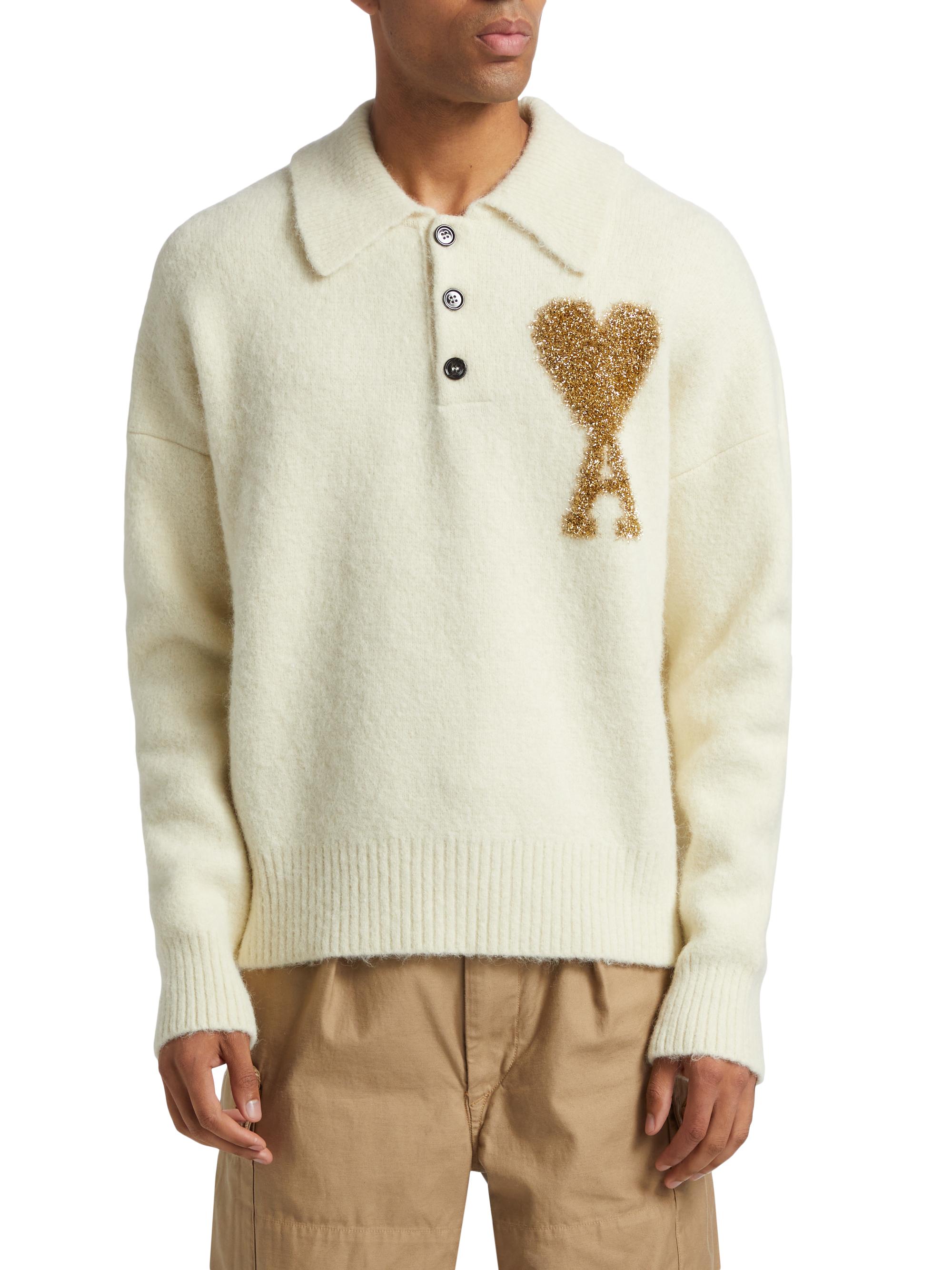 AMI Paris Logo-Embroidered Alpaca-Blend Polo Sweater | Saks Fifth