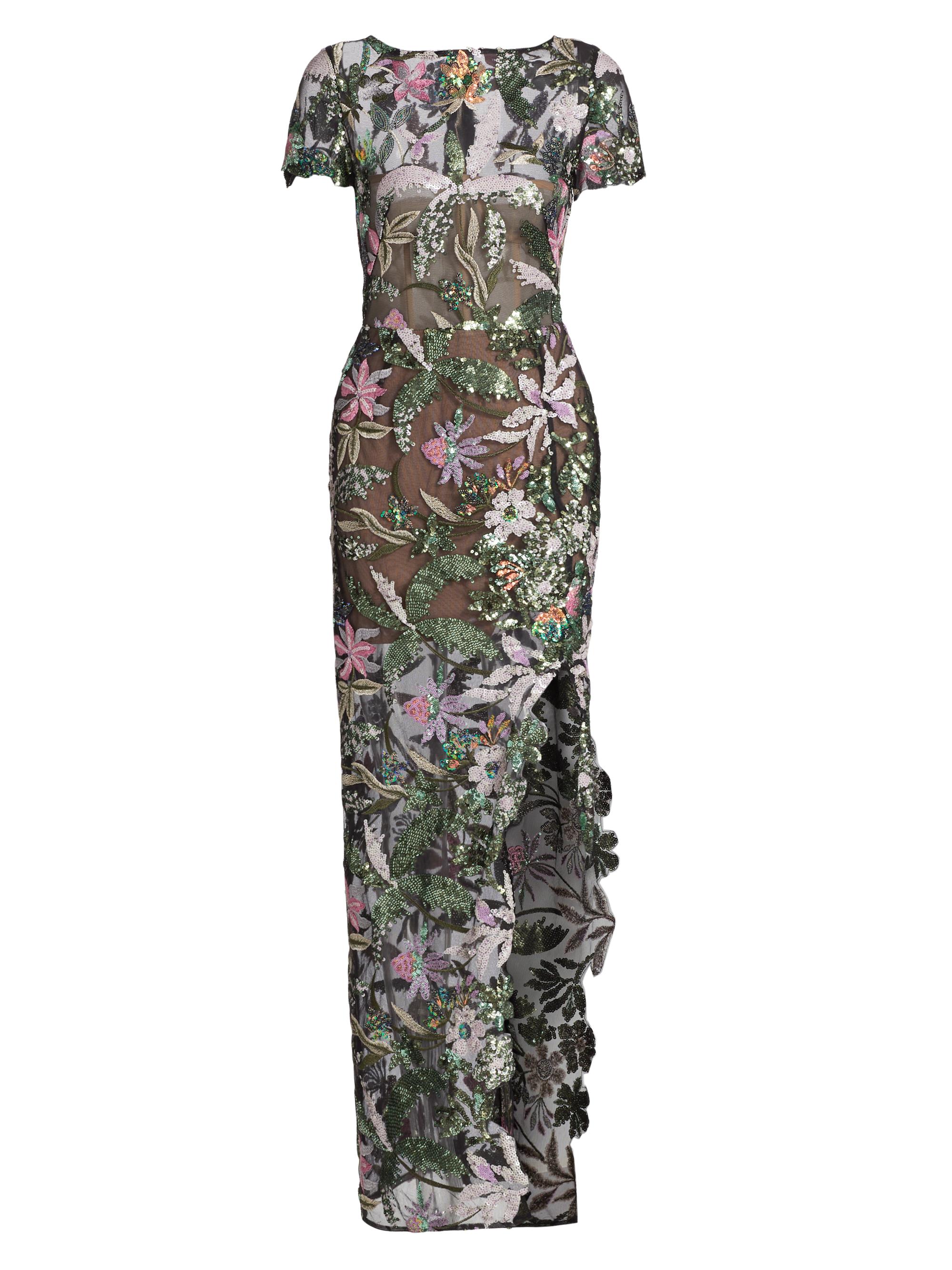 Bronx and Banco Women's Zinna Floral Sequin Tulle Gown - Silver Multi