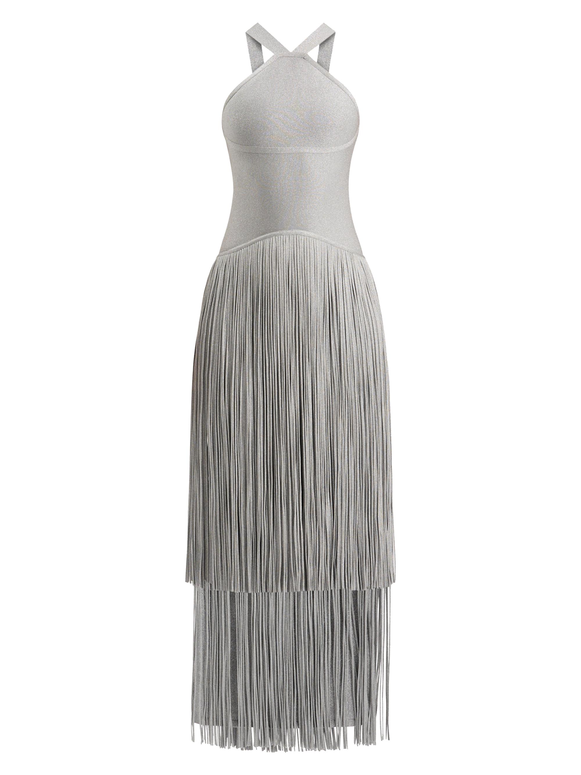 Hervé Léger Women's Metallic Kennedy Fringe Halter Gown - Met Silver
