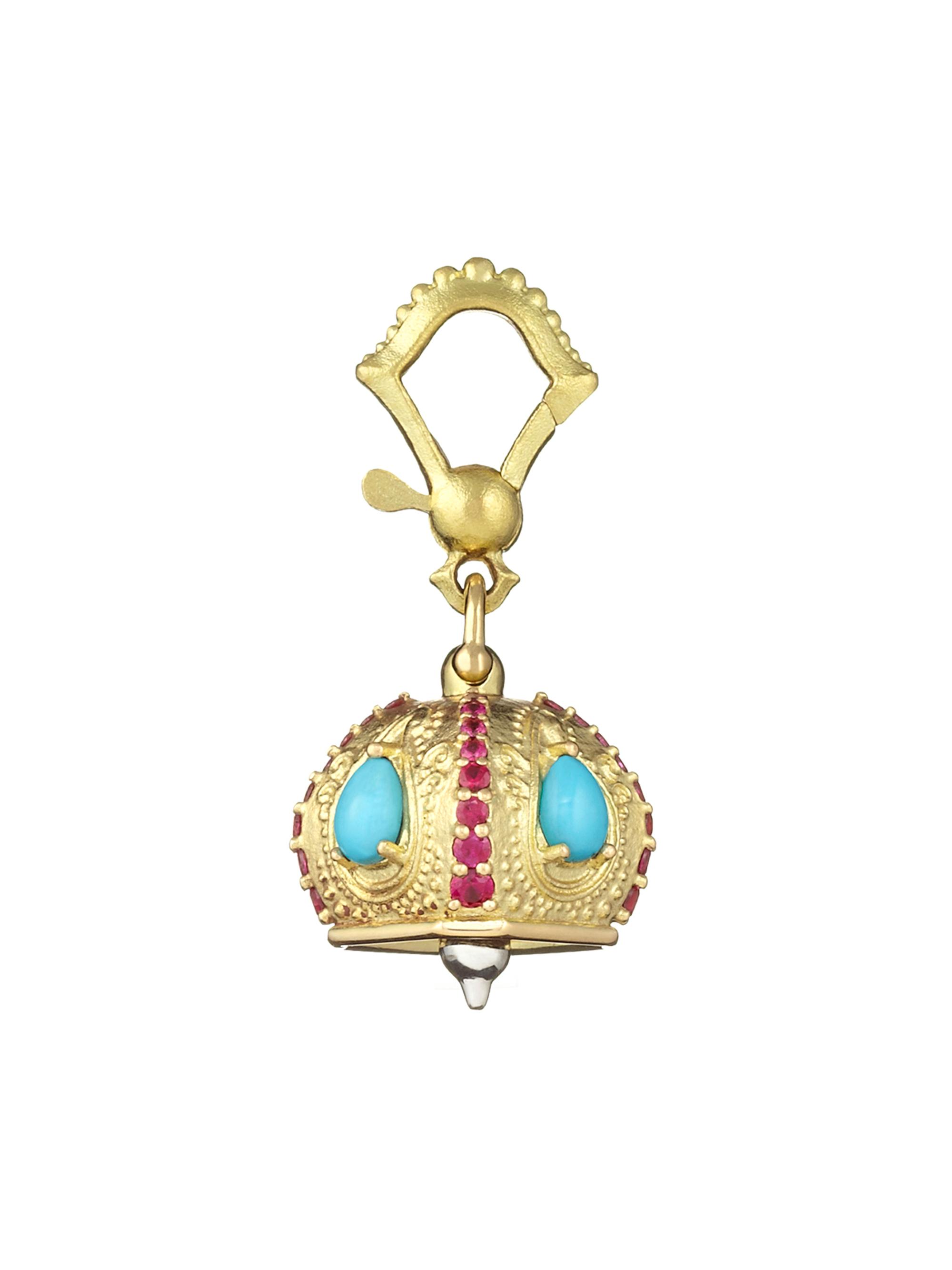 Paul Morelli Women's Meditation Bells # 2 Raja Bell 18K Gold, Turquoise & Ruby Charm - Yellow Gold