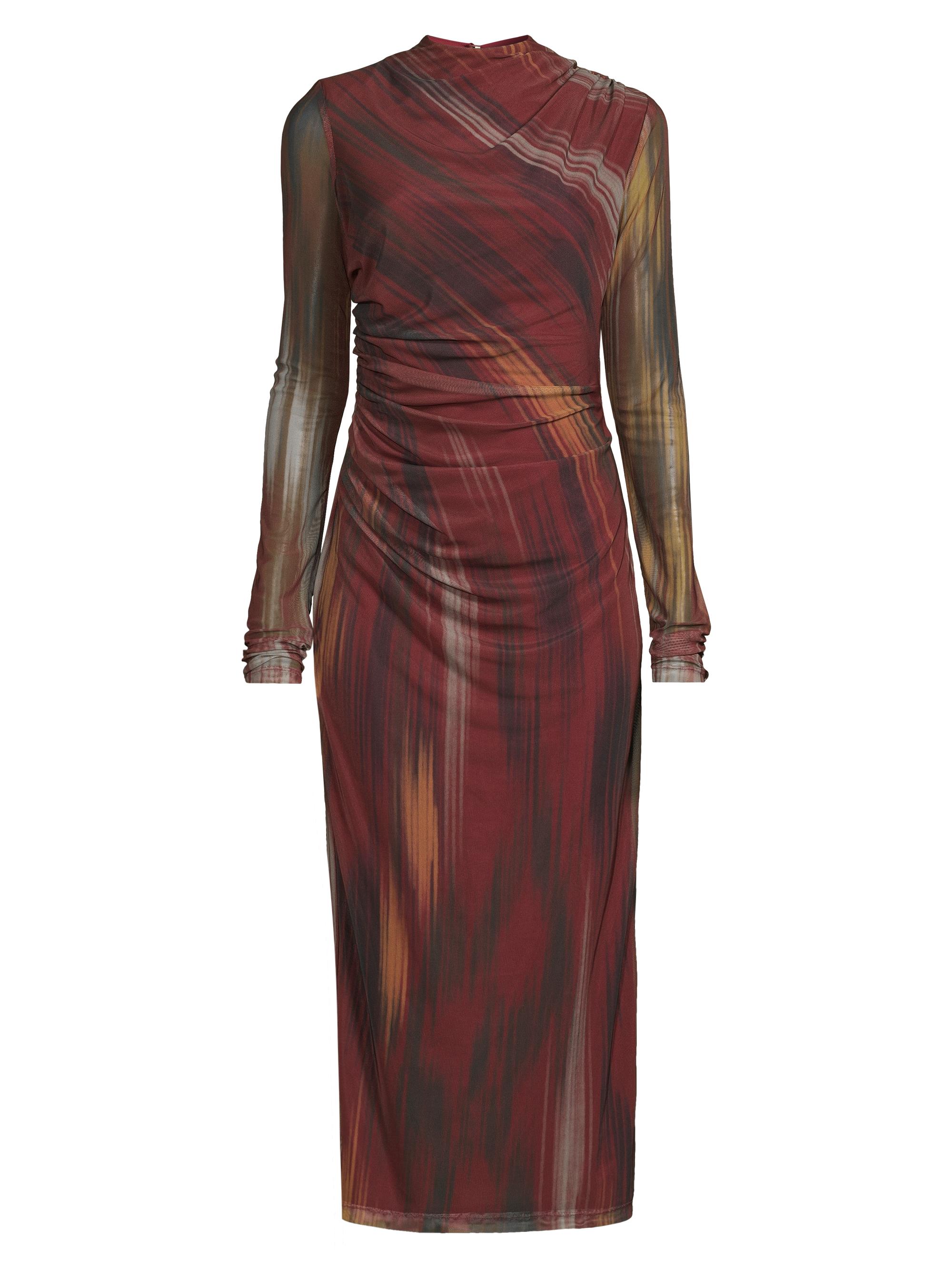 Undra Celeste Women's Ruched Ikat-Inspired-Print Mesh Midi-Dress - Merlot Ikat Print