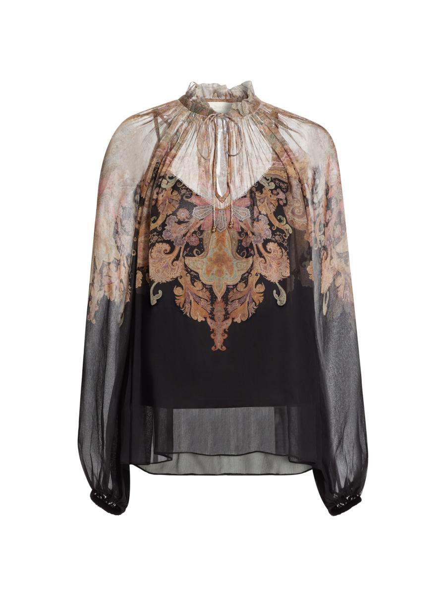 Tシャツ・カットソー ZIMMERMANN Printed Ramie Ascension Blouse ZIMMERMANN Ascension embellished shirred floral-print ramie