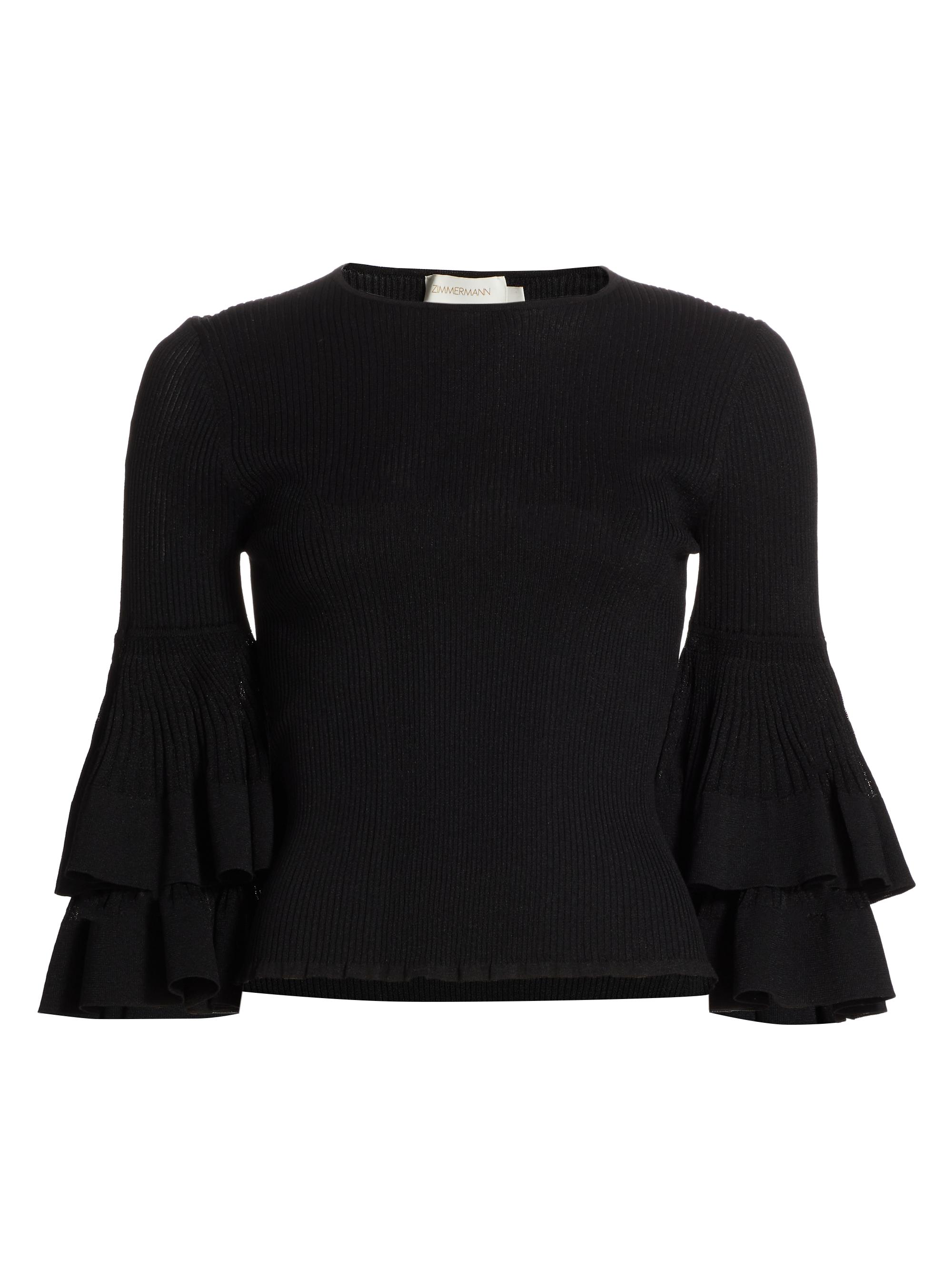 Zimmermann Women's Story One Ribbed Knit Ruffle Top - Black