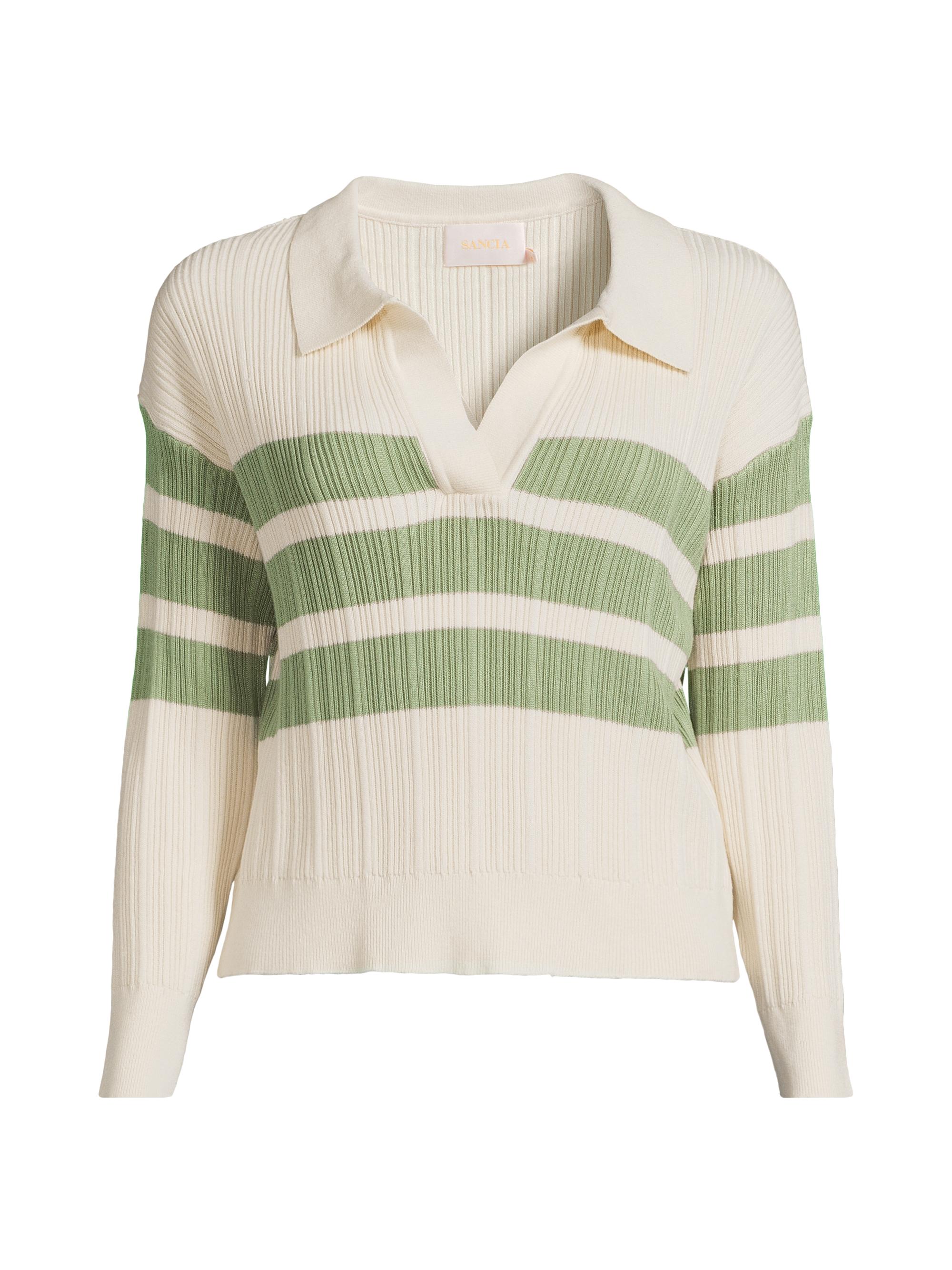 Sancia Women's Heloise Polo Stripe Sweater - Creme Pistachio