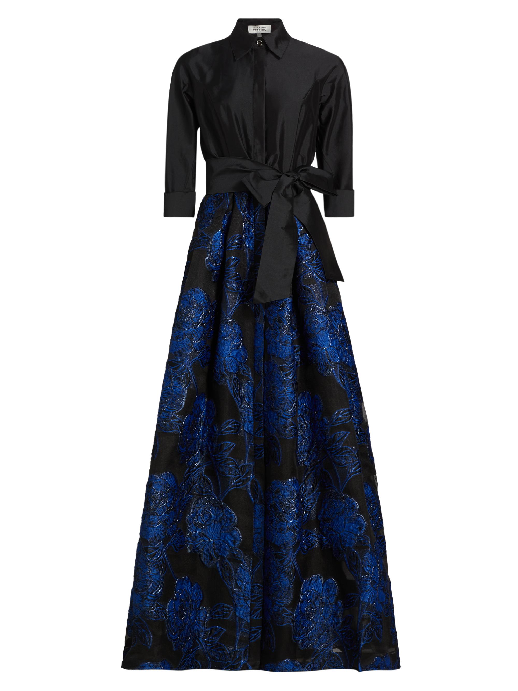 Teri Jon by Rickie Freeman Women's Jacquard Tie-Waist A-Line Gown - Black Royal