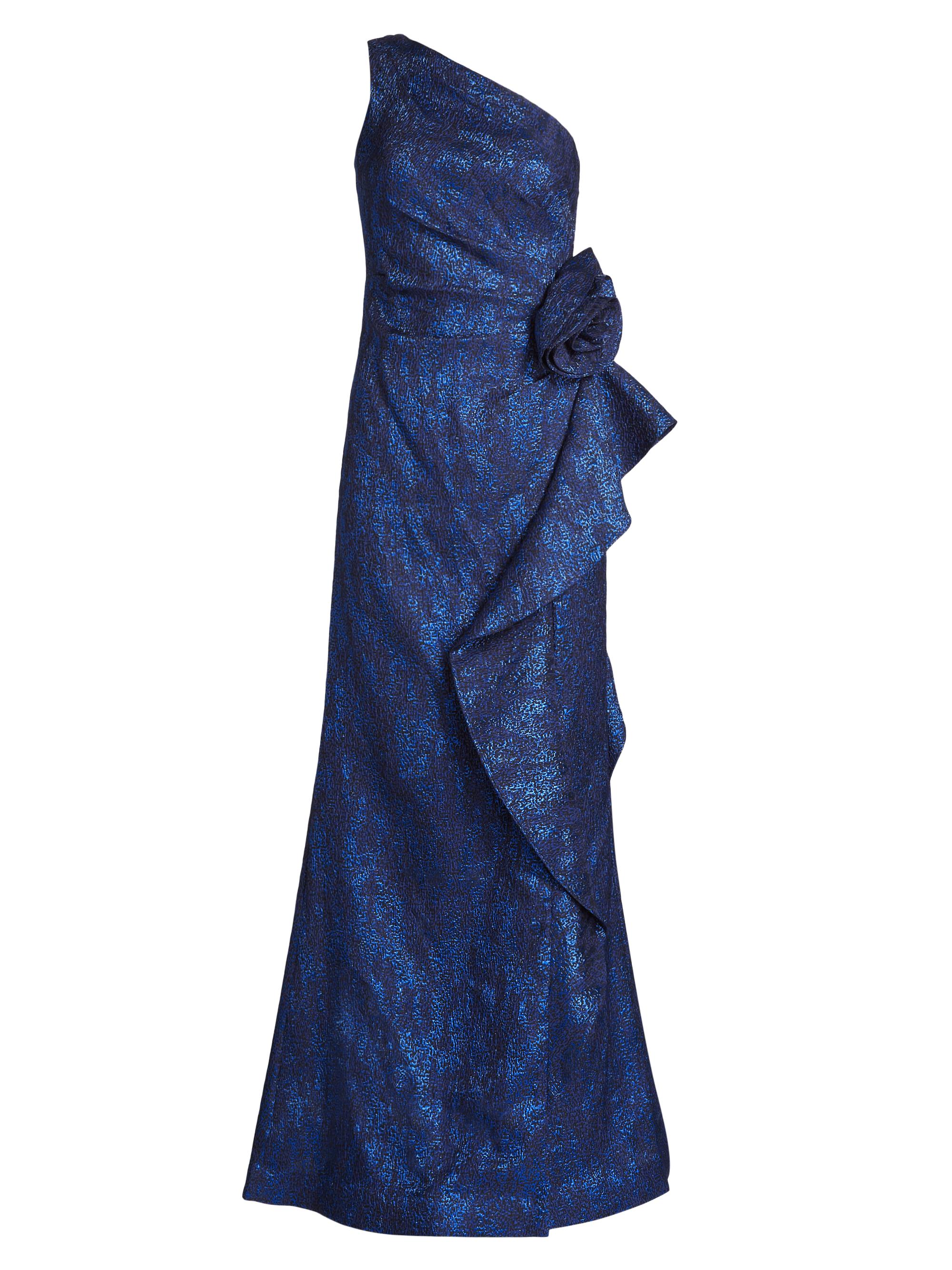 Teri Jon by Rickie Freeman Women's One-Shoulder Jacquard Rosette Gown - Royal Multi