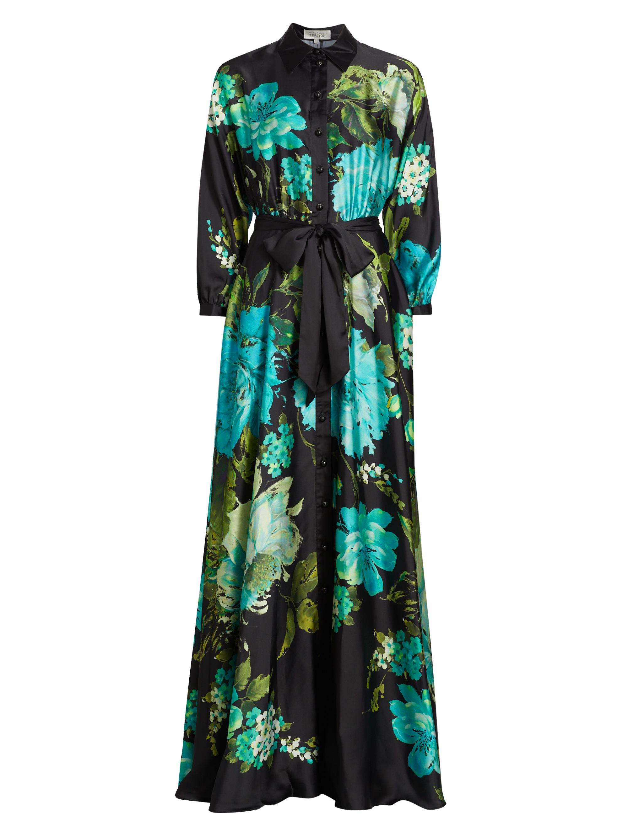 Teri Jon by Rickie Freeman Women's Floral Satin Tie-Waist A-Line Gown - Black Multi