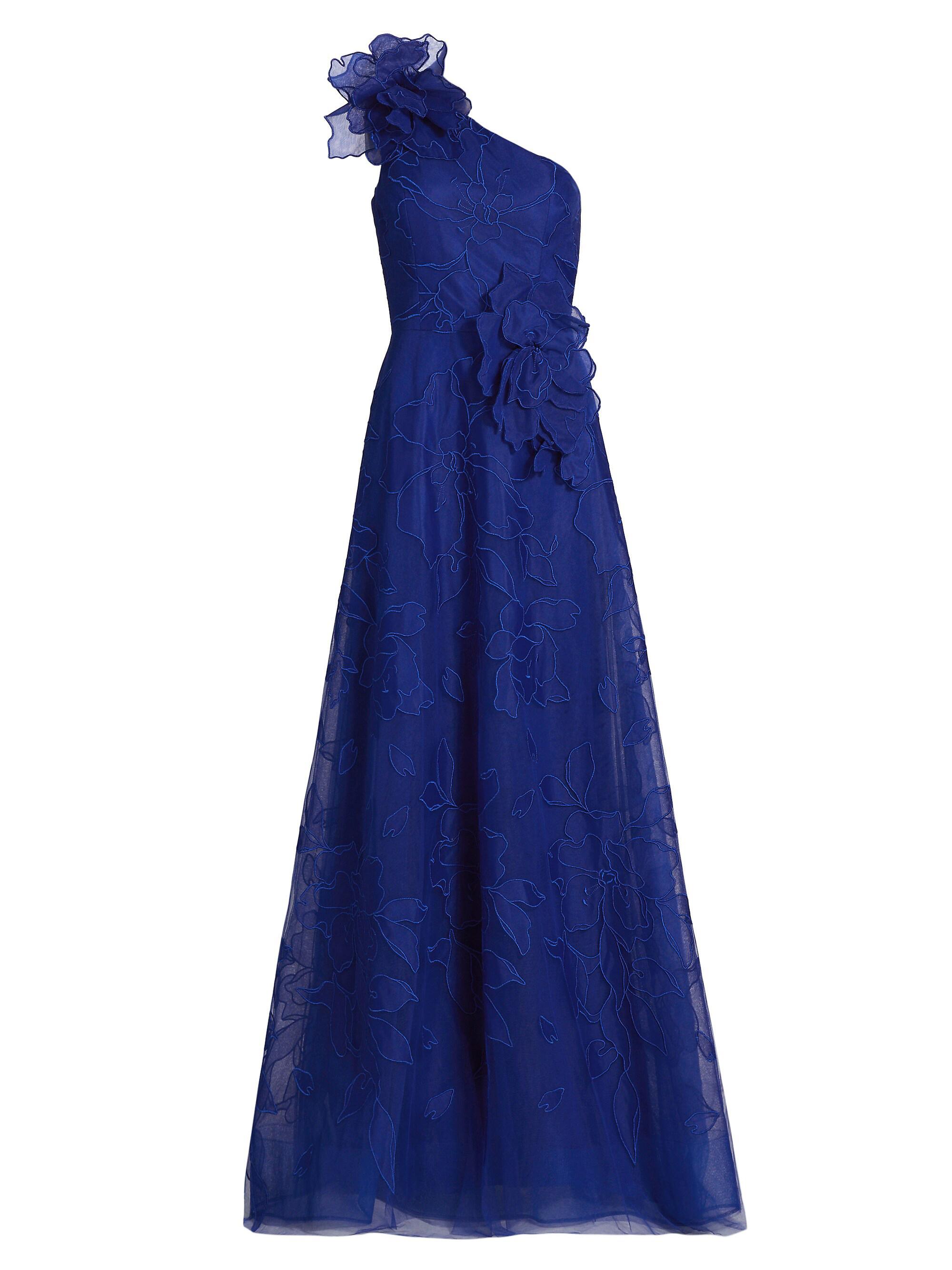 Teri Jon by Rickie Freeman Floral Lace One-Shoulder Gown Saks