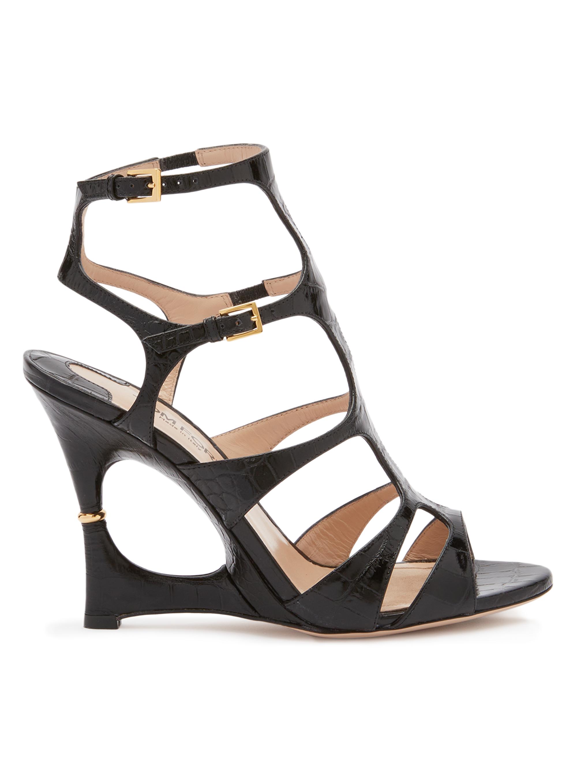 TOM FORD Women's Paradis 105MM Crocodile-Embossed Leather Wedge Sandals - Black