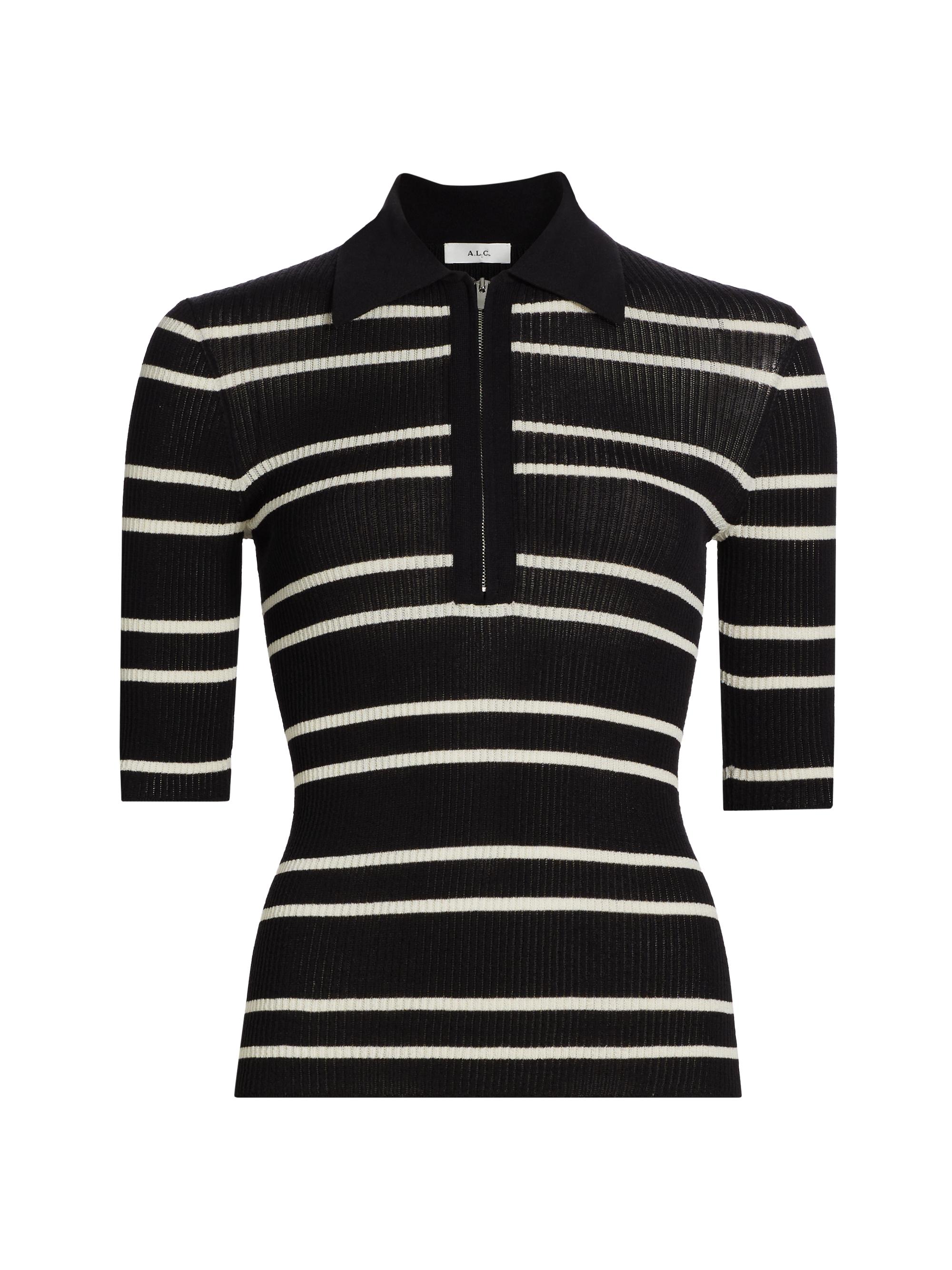 A.L.C. Women's Cooper Striped Cotton-Blend Knit Polo Shirt - Black White Wide Stripe