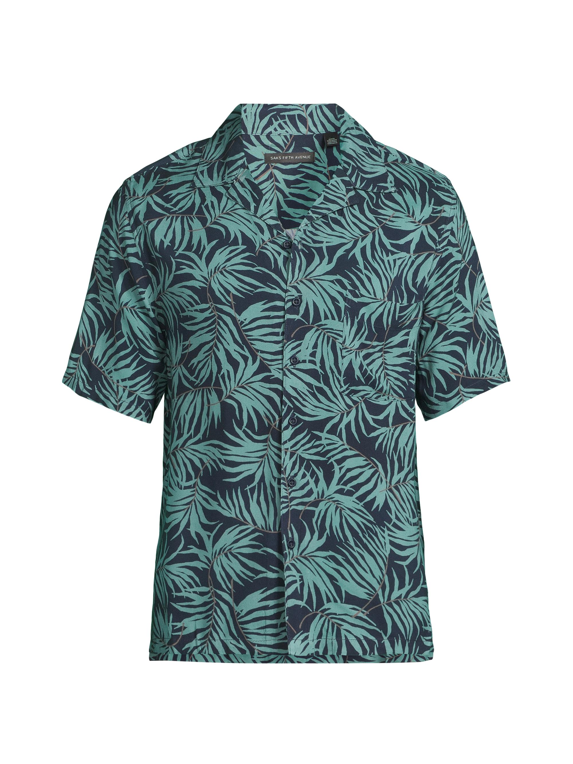 Saks Fifth Avenue Men's COLLECTION Leaves Silhoutte Camp Shirt - Deep Navy Green