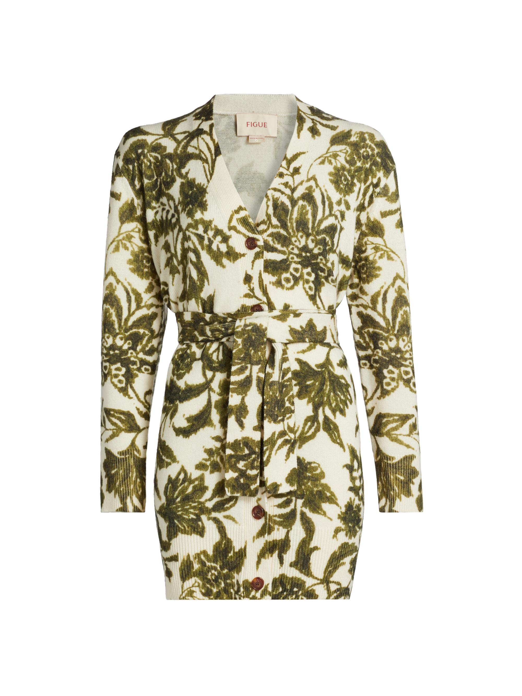 Figue Women's Erica Floral Wool-Blend Tie-Waist Cardigan - Ikat Floral Woodland Green
