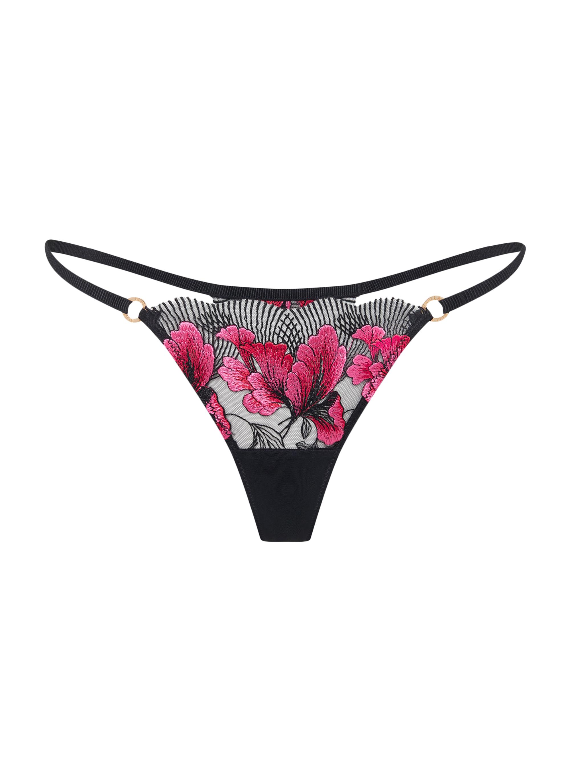 Bluebella Women's Floral Embroidered Thong - Fuchsia Pink Red Black