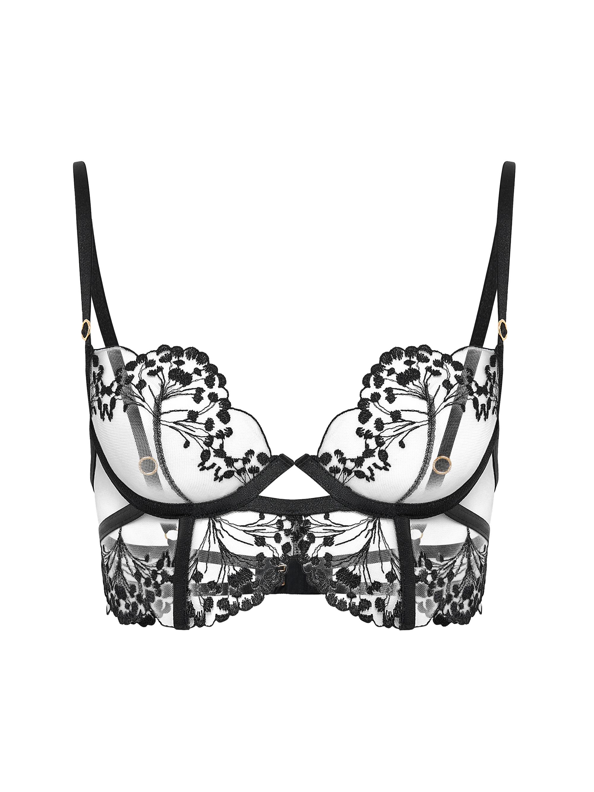 Bluebella Women's Floral-Embroidered Tulle Longline Bra - Black Sheer