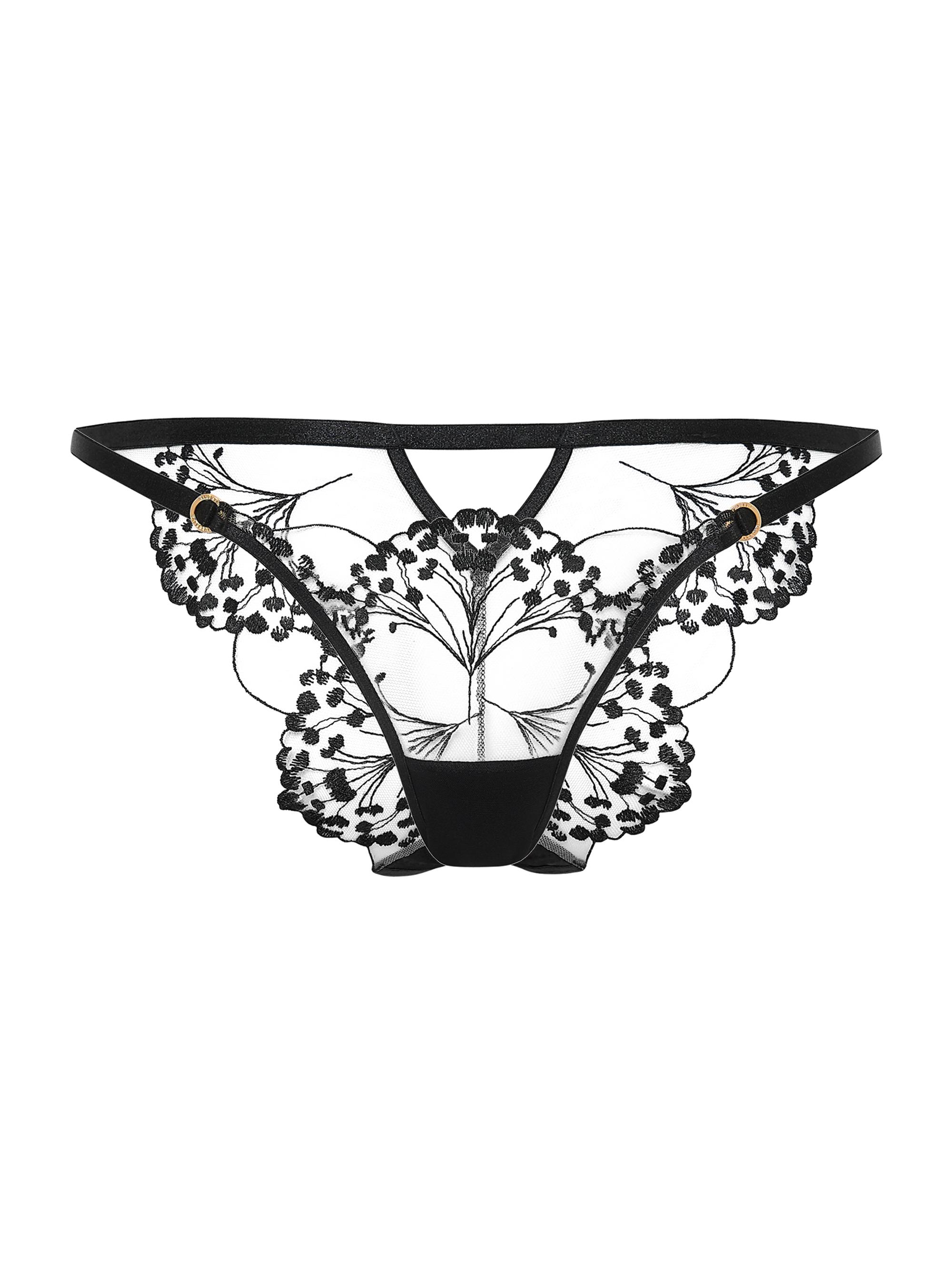 Bluebella Women's Embroidered Sheer Mesh Thong - Black Sheer