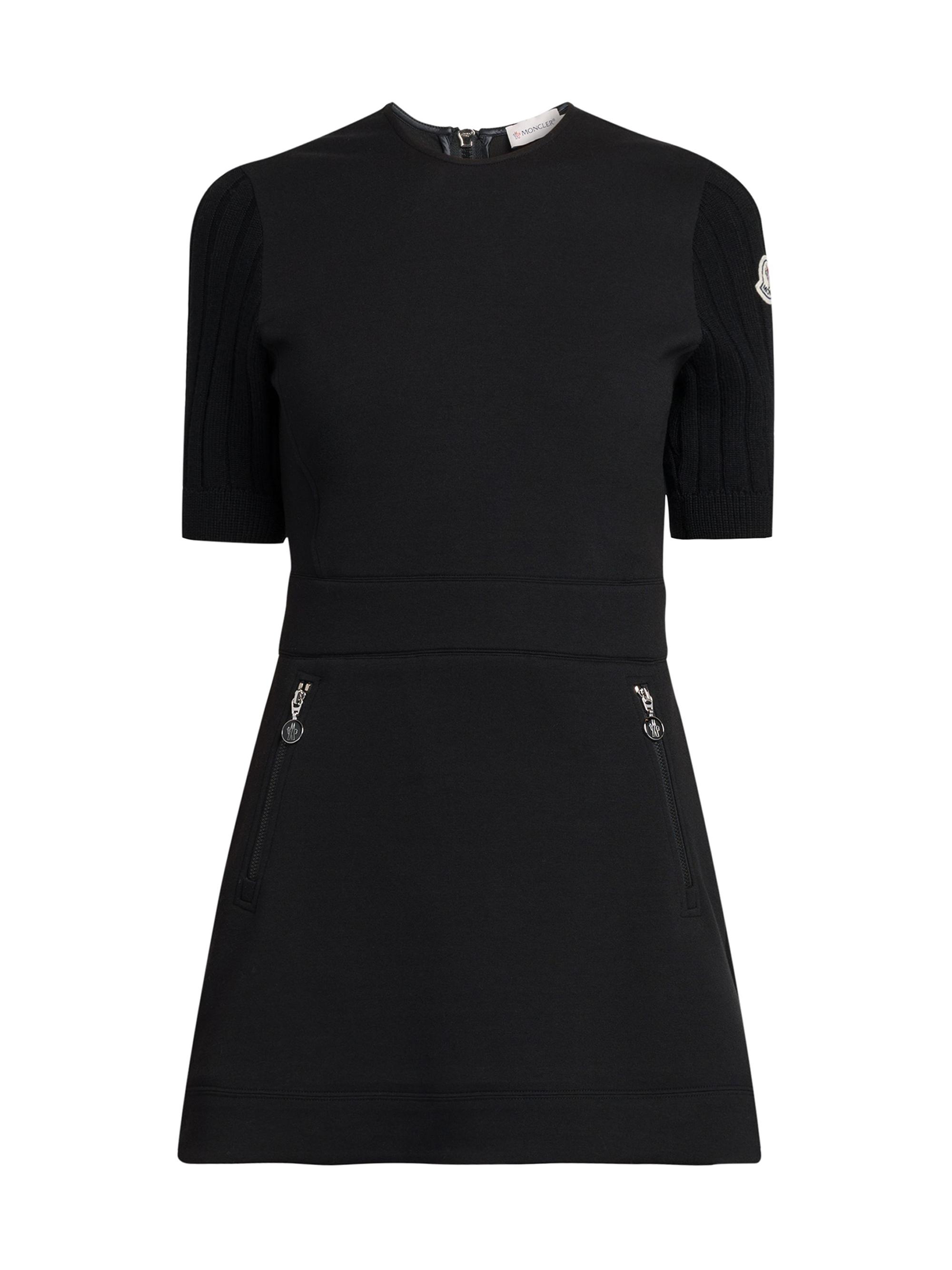 Moncler Women's Slim Fit Jersey Short Dress with Ribbed Sleeves - Black
