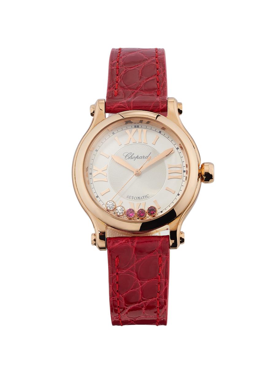 Chopard Women's Happy Sport 18k Rose Gold, Ruby, 0.10 Tcw Diamond & Alligator Leather Strap Watch/33mm