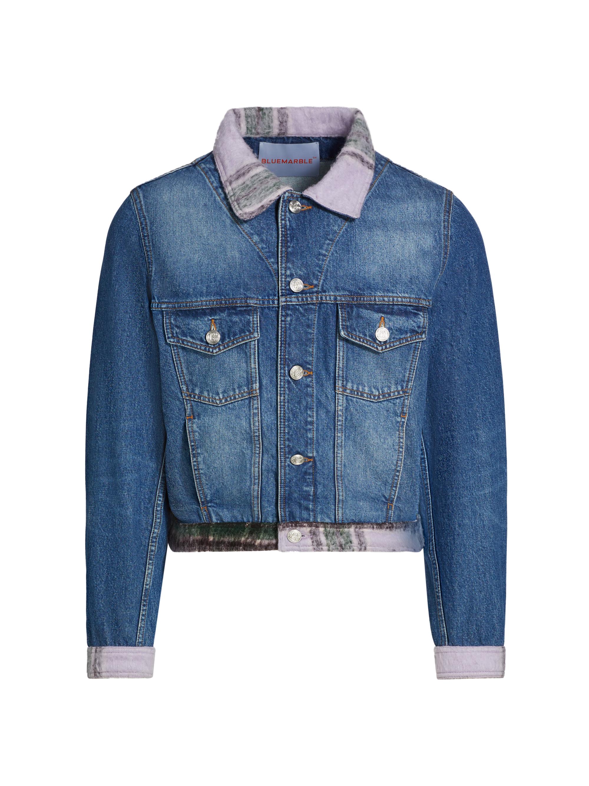 Bluemarble Men's Tartan-Trim Denim Jacket - Stonewash Blue Tartan