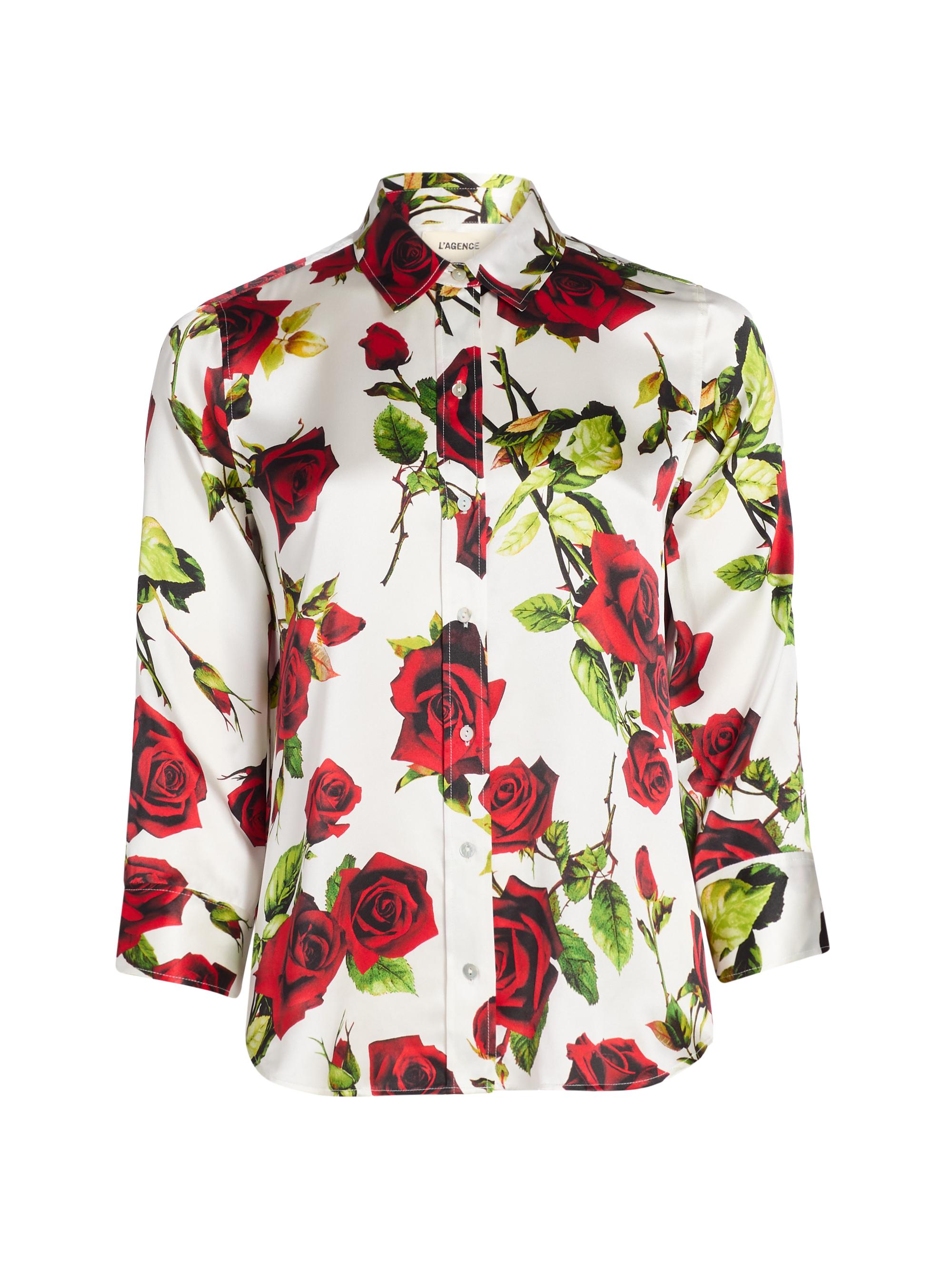 L'AGENCE Women's Dani Rose Printed Silk Blouse - White Red Romantic Rose