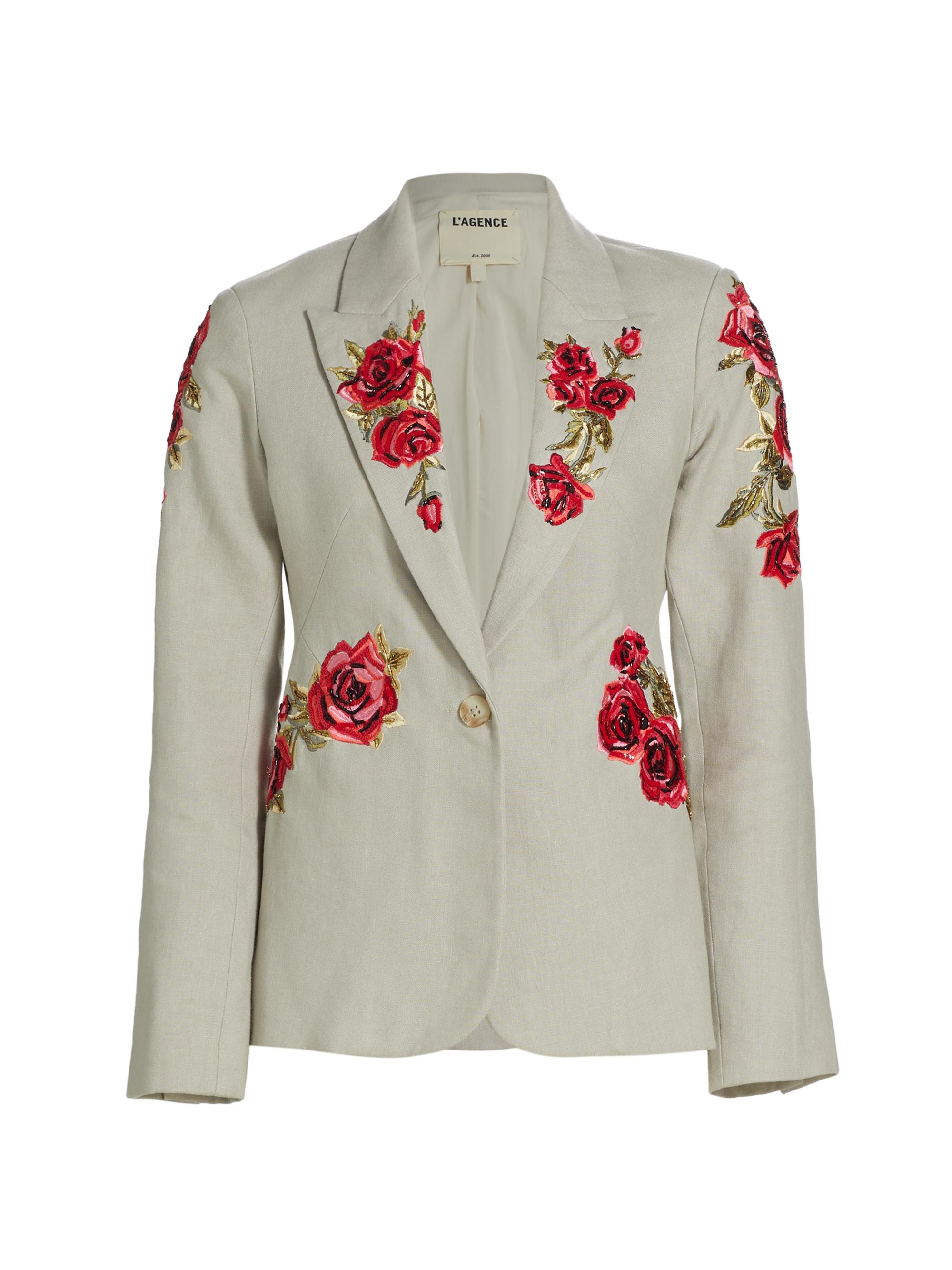 L'AGENCE Women's Clementine Embroidered Linen Blazer - Taupe Grey Rose