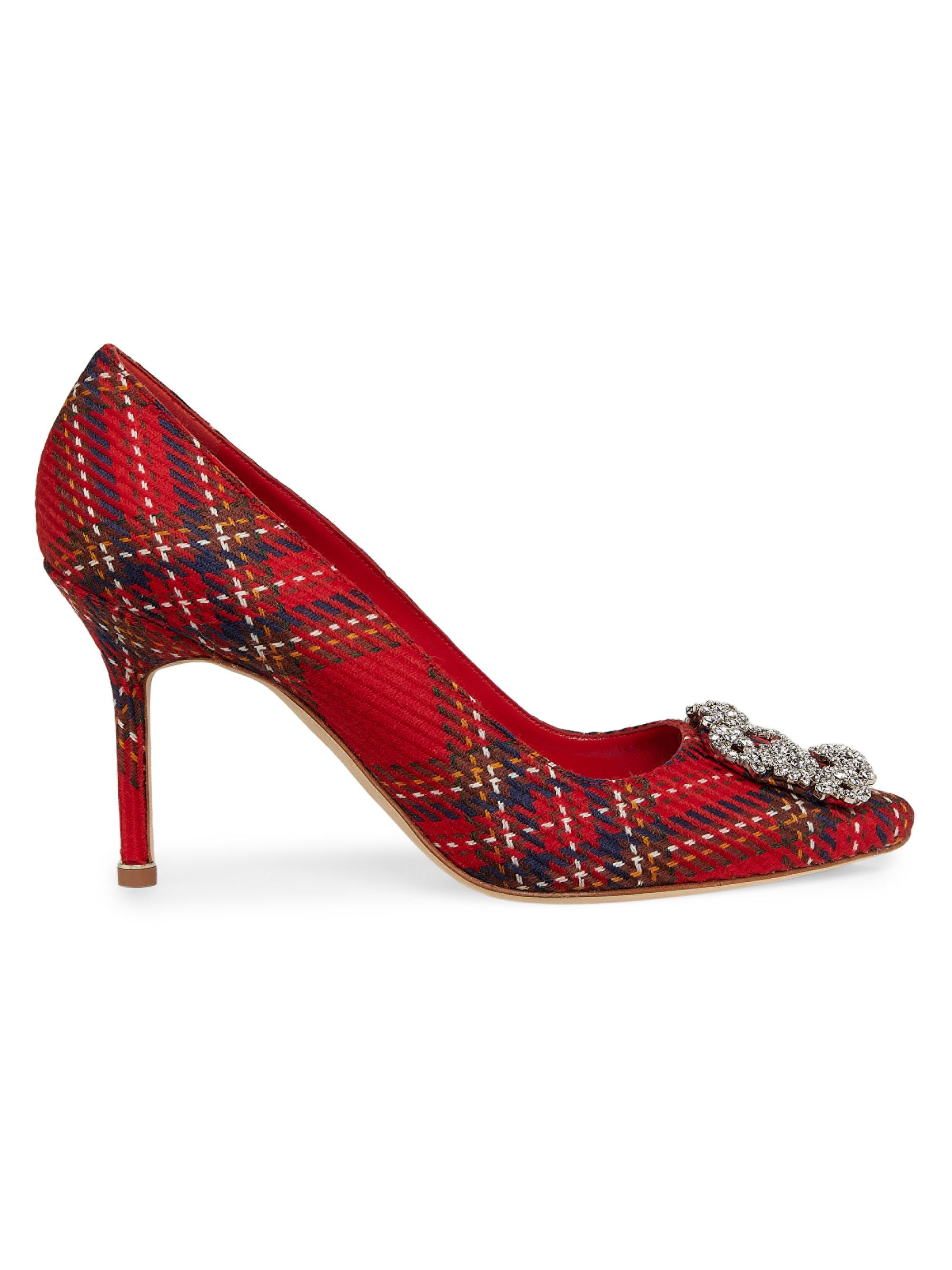 Manolo Blahnik Women's Hangisi Embellished Plaid Wool Pumps - Red Multi