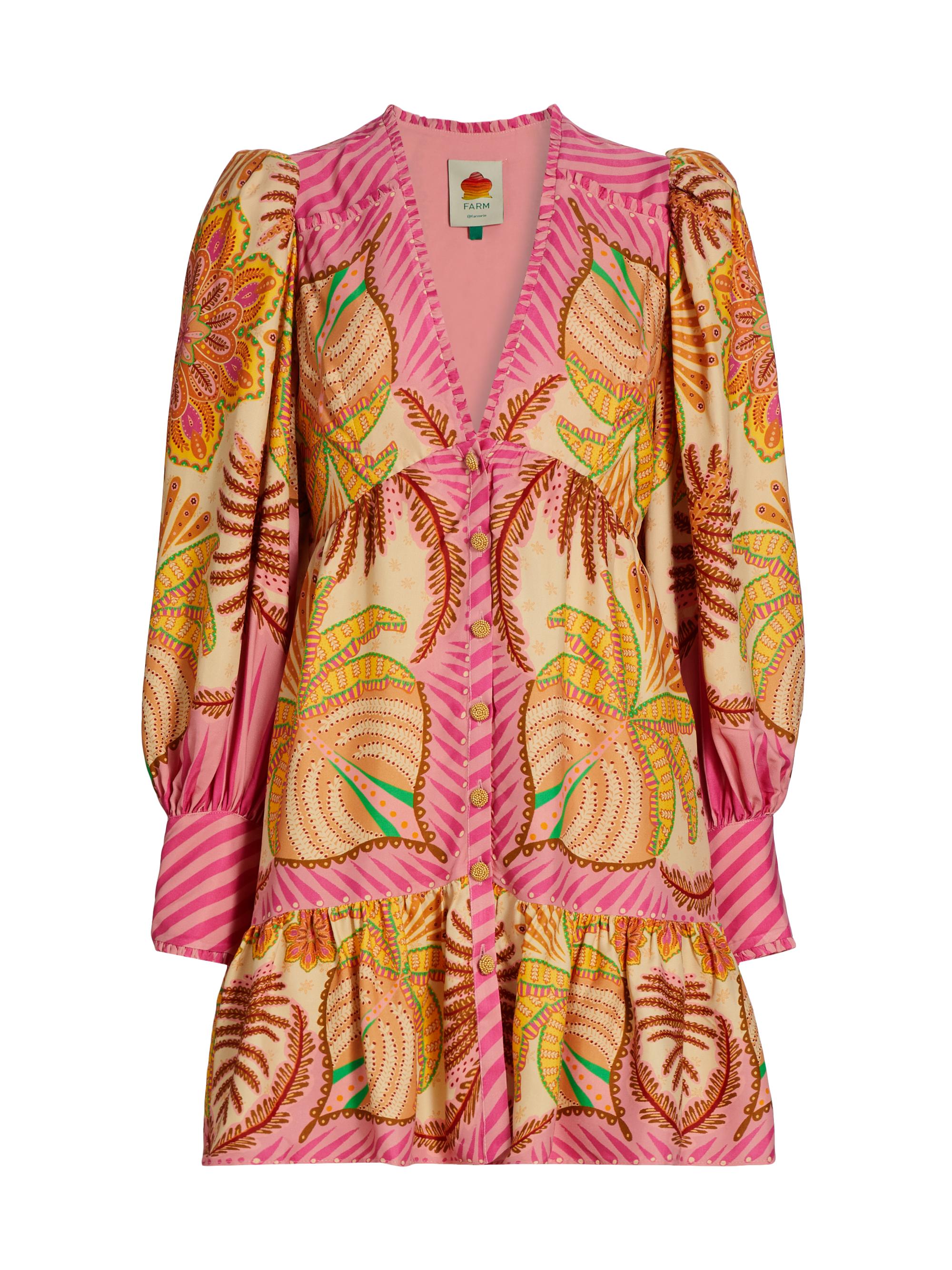 Farm Rio Women's Palm Scarf Long-Sleeve Minidress - Palm Scarf Sand