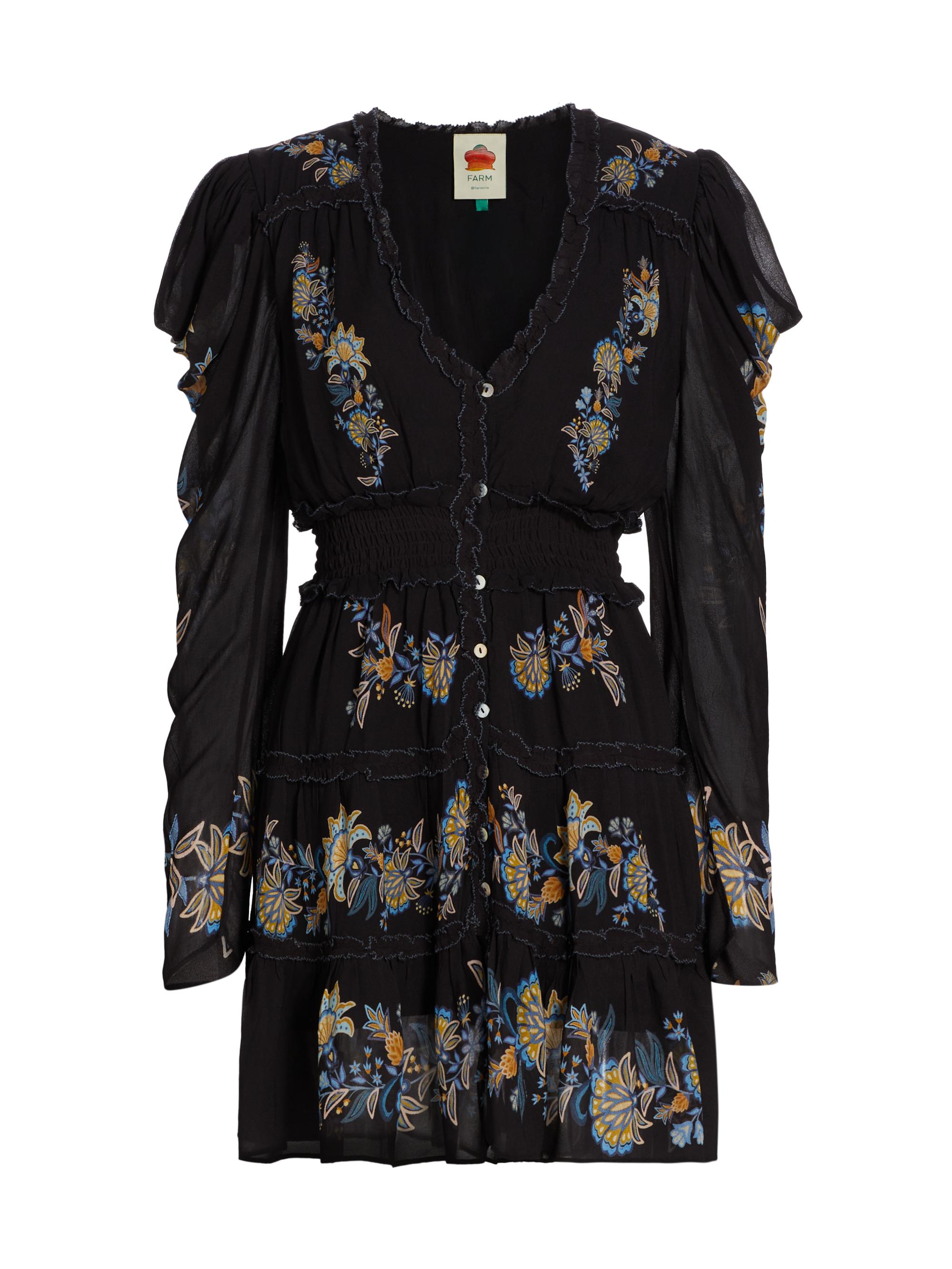 Farm Rio Women's Floral-Embroidered Long-Sleeve Minidress - Black