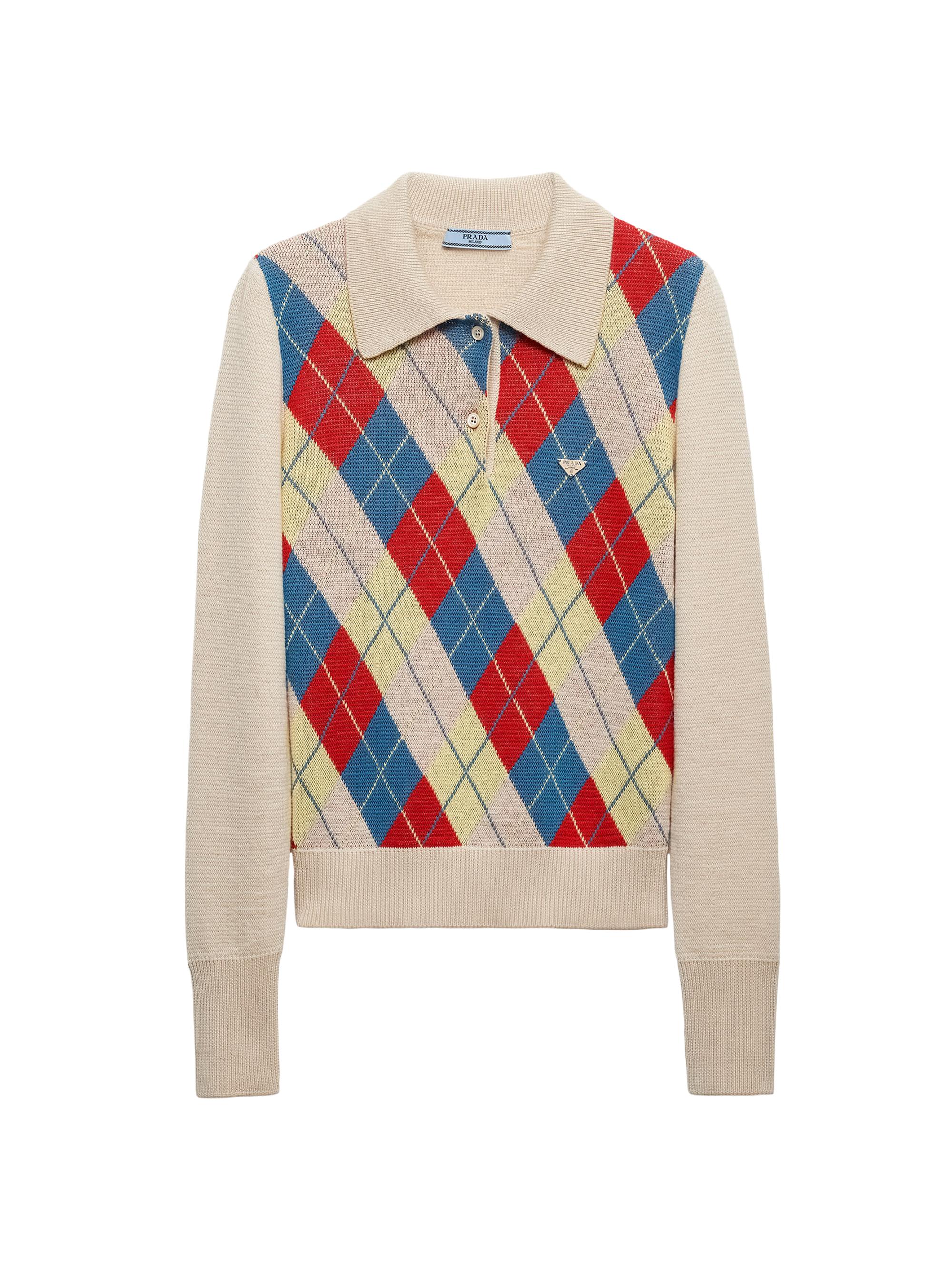 Prada Women's Argyle Knit Wool Polo Shirt - Beige Khaki