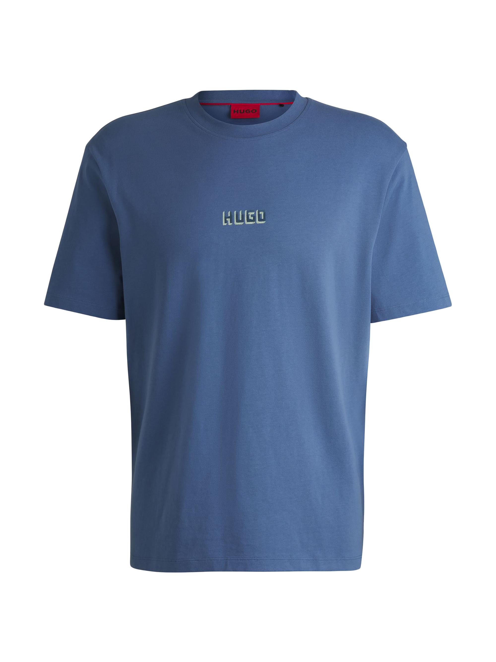 HUGO Men's Relaxed-Fit T-Shirt in Cotton with Large Rear Logos - Blue