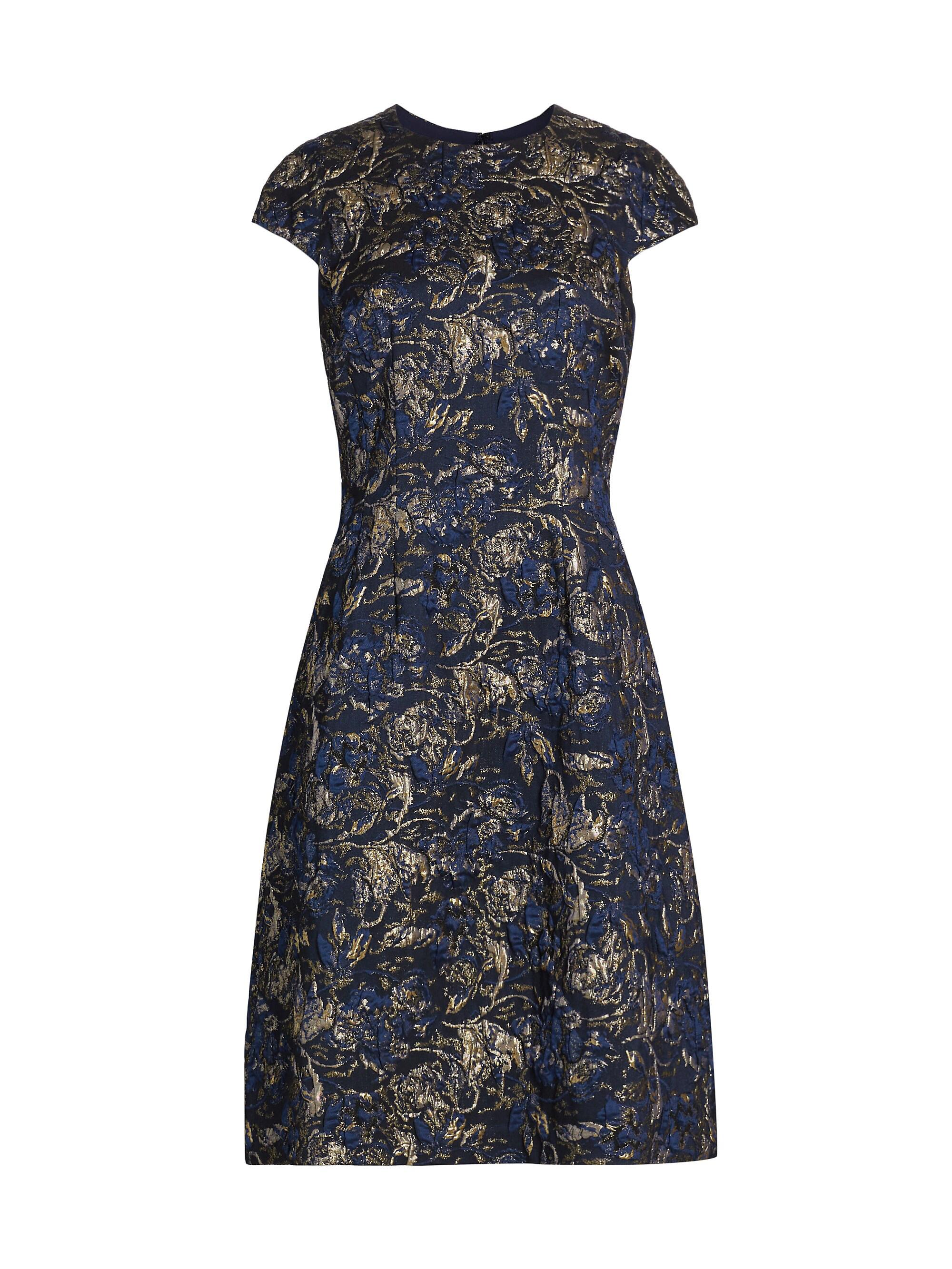 Teri Jon by Rickie Freeman Women's Metallic Jacquard Cocktail Dress - Navy Gold