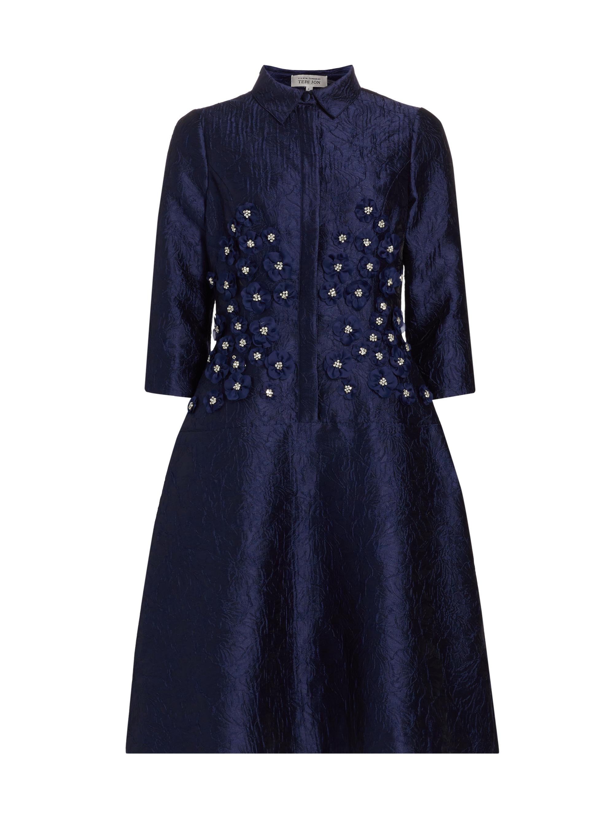 Teri Jon by Rickie Freeman Women's Floral-Appliqué Jacquard Midi-Shirtdress - Navy
