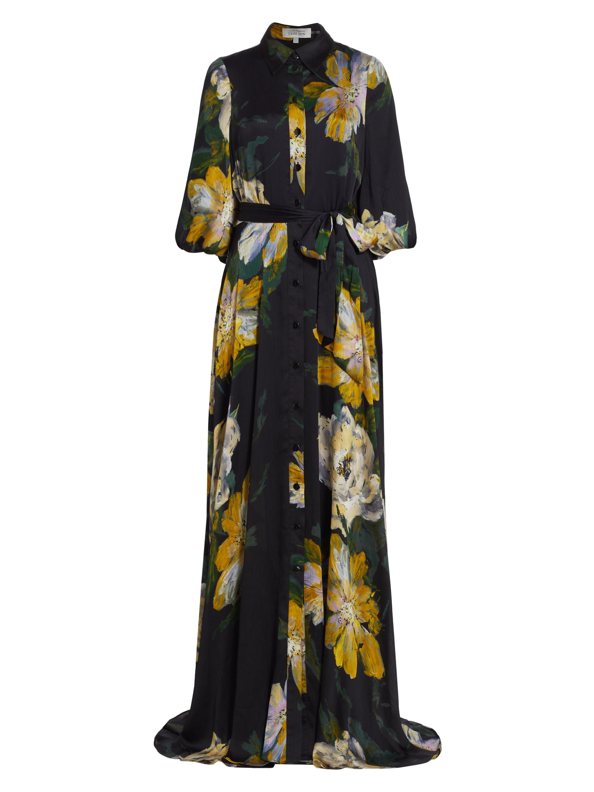 Teri Jon by Rickie Freeman Women's Floral Chiffon Balloon-Sleeve Shirt Gown - Black Multi