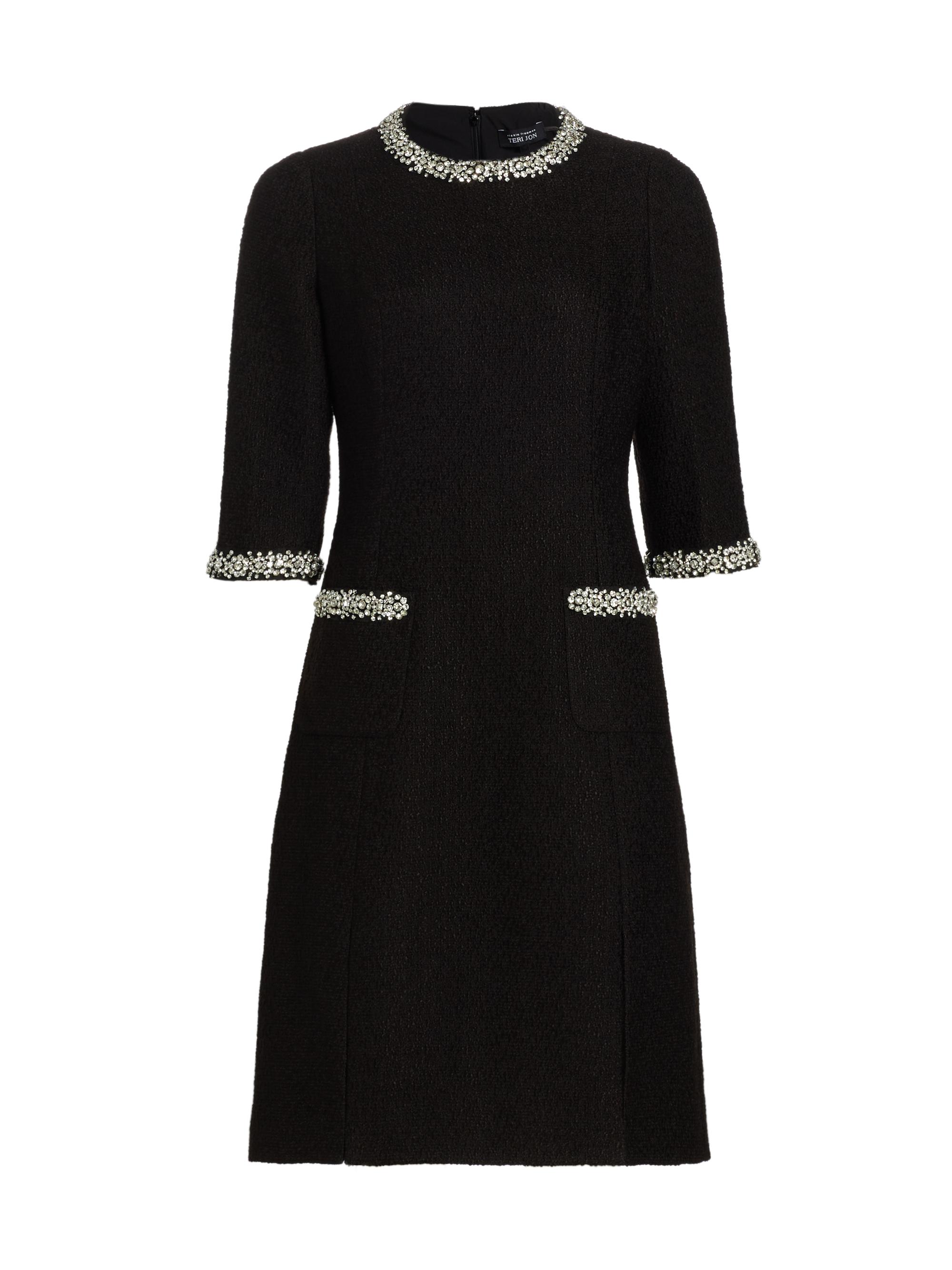 Teri Jon by Rickie Freeman Women's Rhinestone-Trimmed Bouclé Midi-Dress - Black