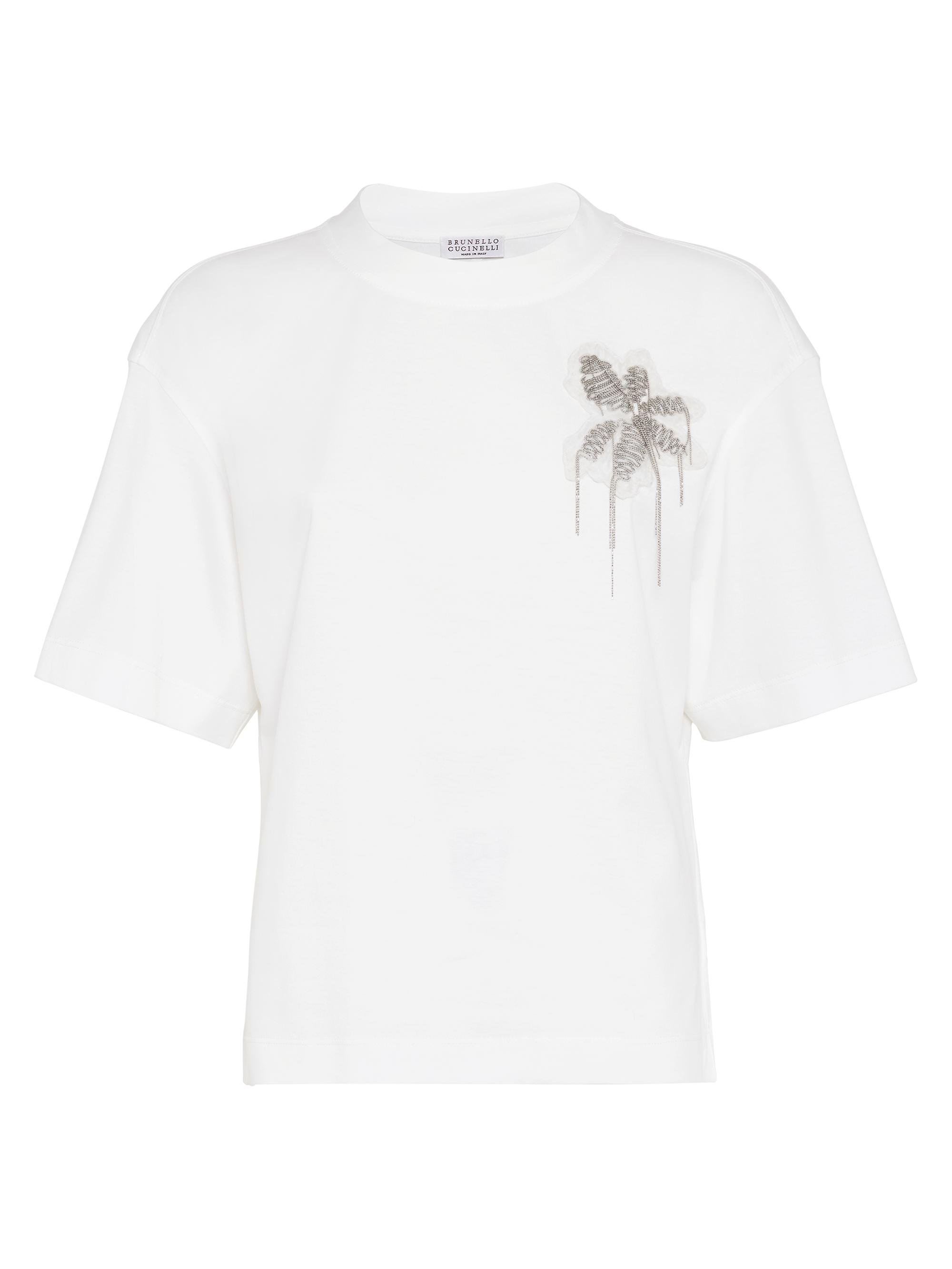 Brunello Cucinelli Women's Cotton Jersey T-Shirt with Precious Flower Crest - White