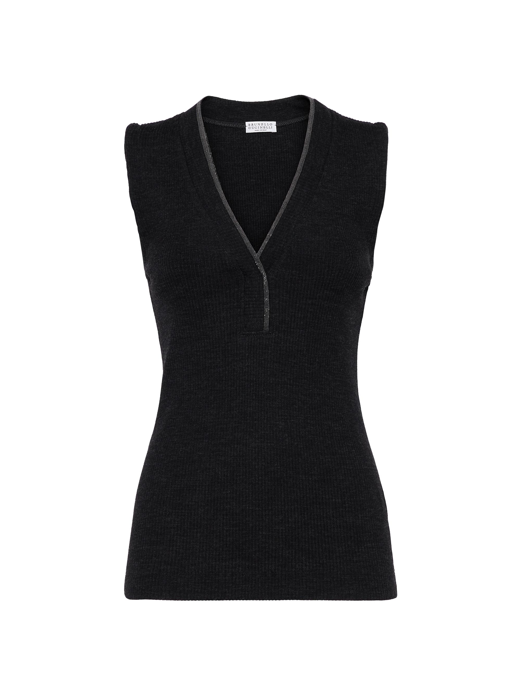 Brunello Cucinelli Women's Ribbed Wool Jersey Top with Shiny Neckline - Anthracite